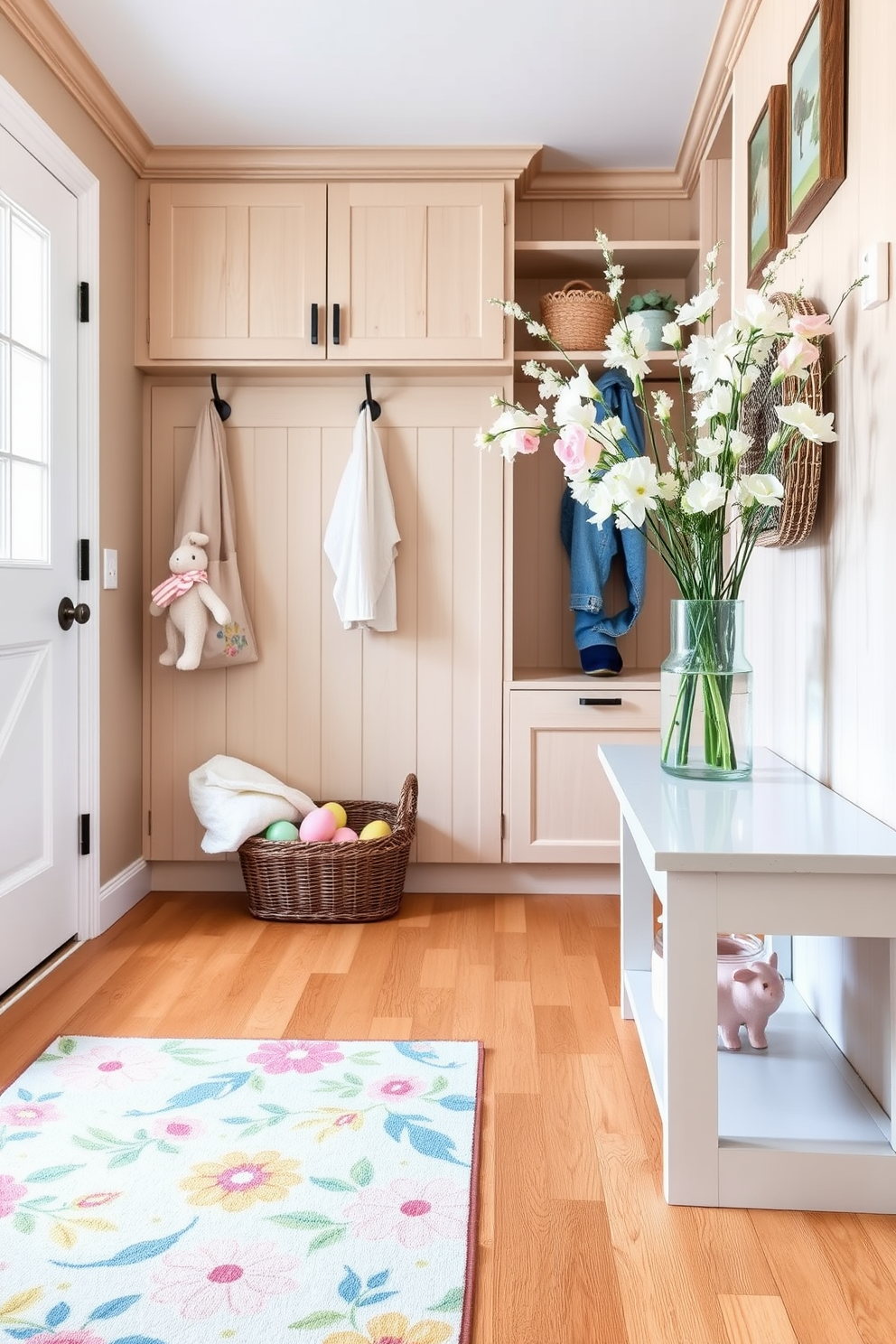 A floral patterned rug lies at the entrance of the mudroom, adding a vibrant touch to the space. The rug features a mix of pastel colors that complement the light wood cabinetry and create a welcoming atmosphere. Easter decorations adorn the mudroom, with pastel-colored eggs nestled in a decorative basket. Fresh flowers in soft hues are arranged in a charming vase, enhancing the seasonal charm of the room.