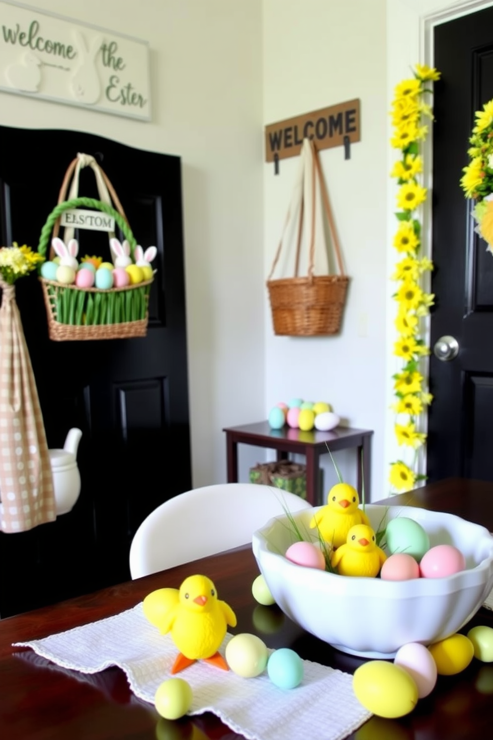 Cute chick decorations on the table. The table is adorned with small yellow chick figurines, surrounded by pastel-colored eggs and fresh spring flowers. Mudroom Easter decorating ideas. The mudroom features a cheerful display with a decorative basket filled with colorful eggs, a garland of bunnies, and a welcome sign that celebrates the Easter season.