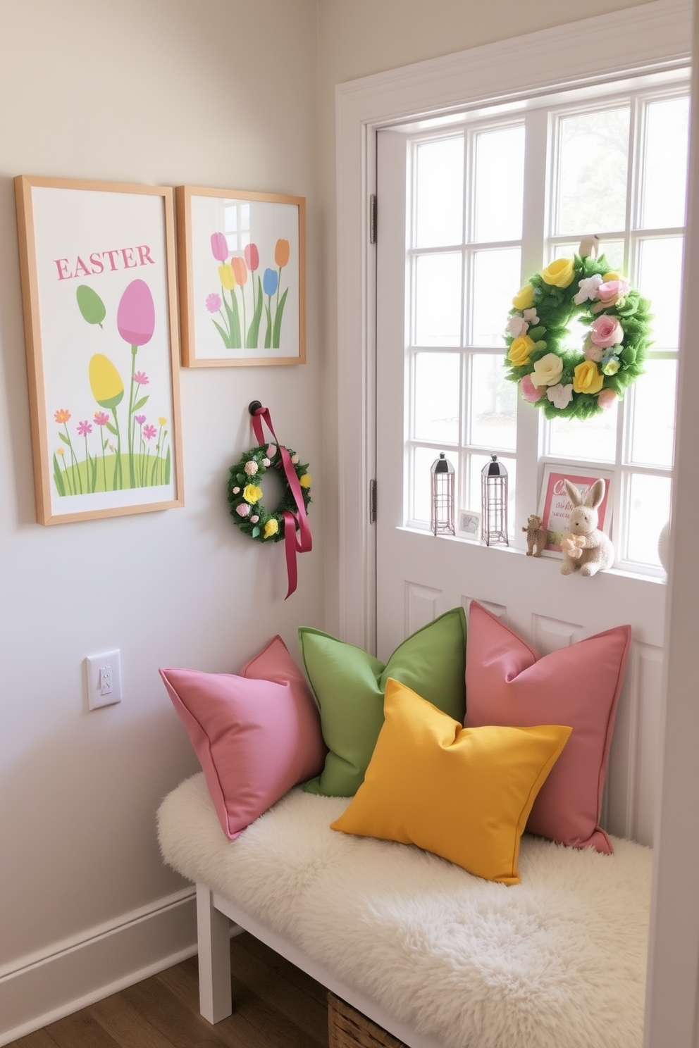 Charming bunny prints in picture frames adorn the walls of a cheerful mudroom. The space is filled with pastel-colored decor and playful accents, creating a delightful atmosphere for Easter celebrations.