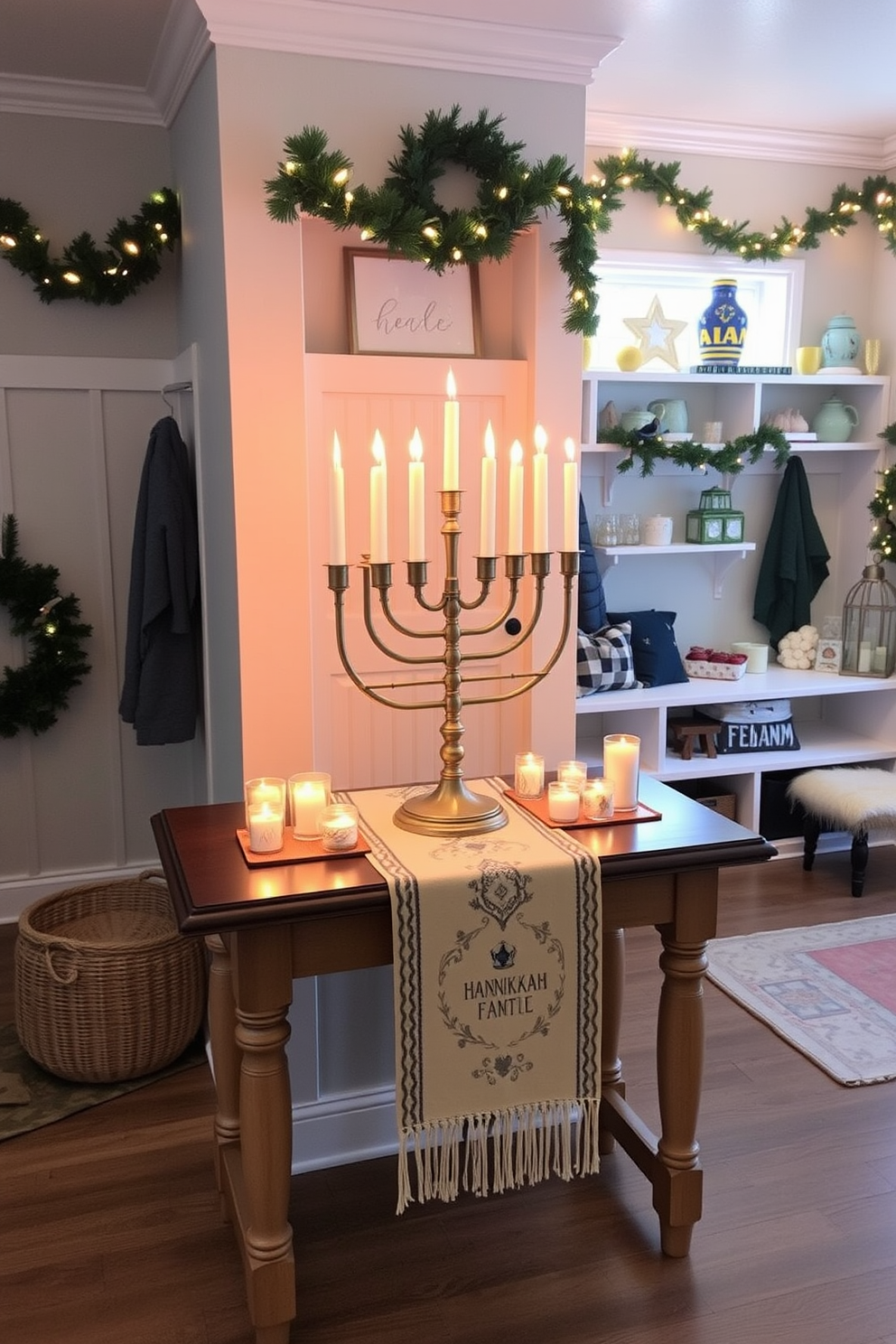 Cozy menorah display on entry table. The table is adorned with a beautiful cloth runner and surrounded by flickering candles, creating a warm and inviting atmosphere. Mudroom Hanukkah decorating ideas. The space features festive garlands and a cheerful color palette, with shelves displaying decorative items and a cozy seating area for family gatherings.