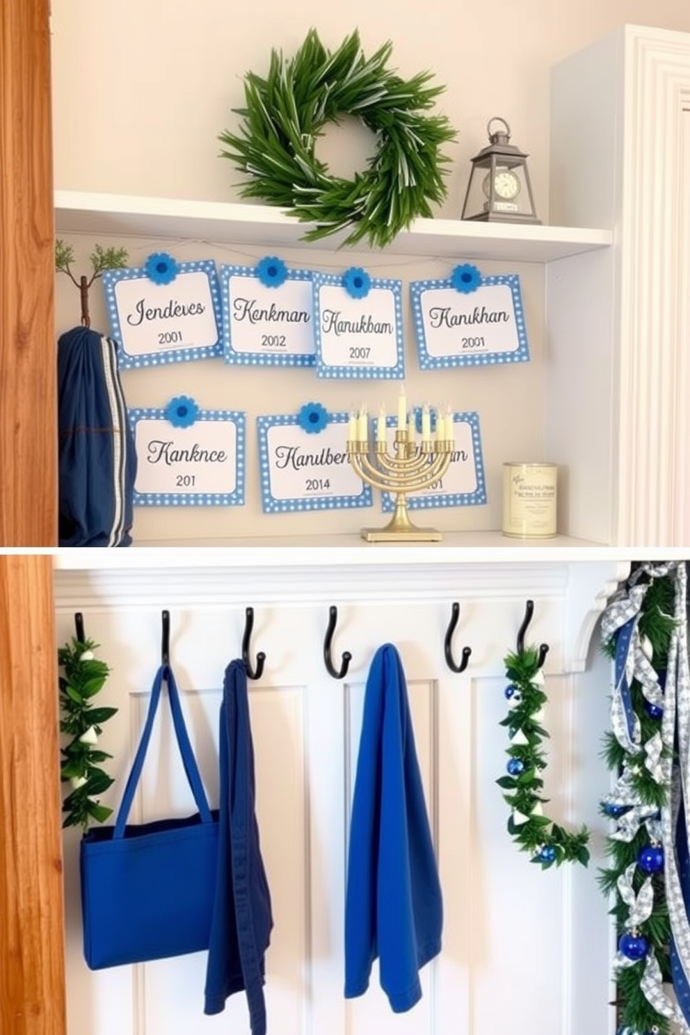 Personalized name tags for family members. Each tag features a unique design that reflects the personality of the family member it represents. Mudroom decorated for Hanukkah. The space includes blue and silver accents, with a menorah displayed prominently on a shelf and festive garlands hanging from the hooks.