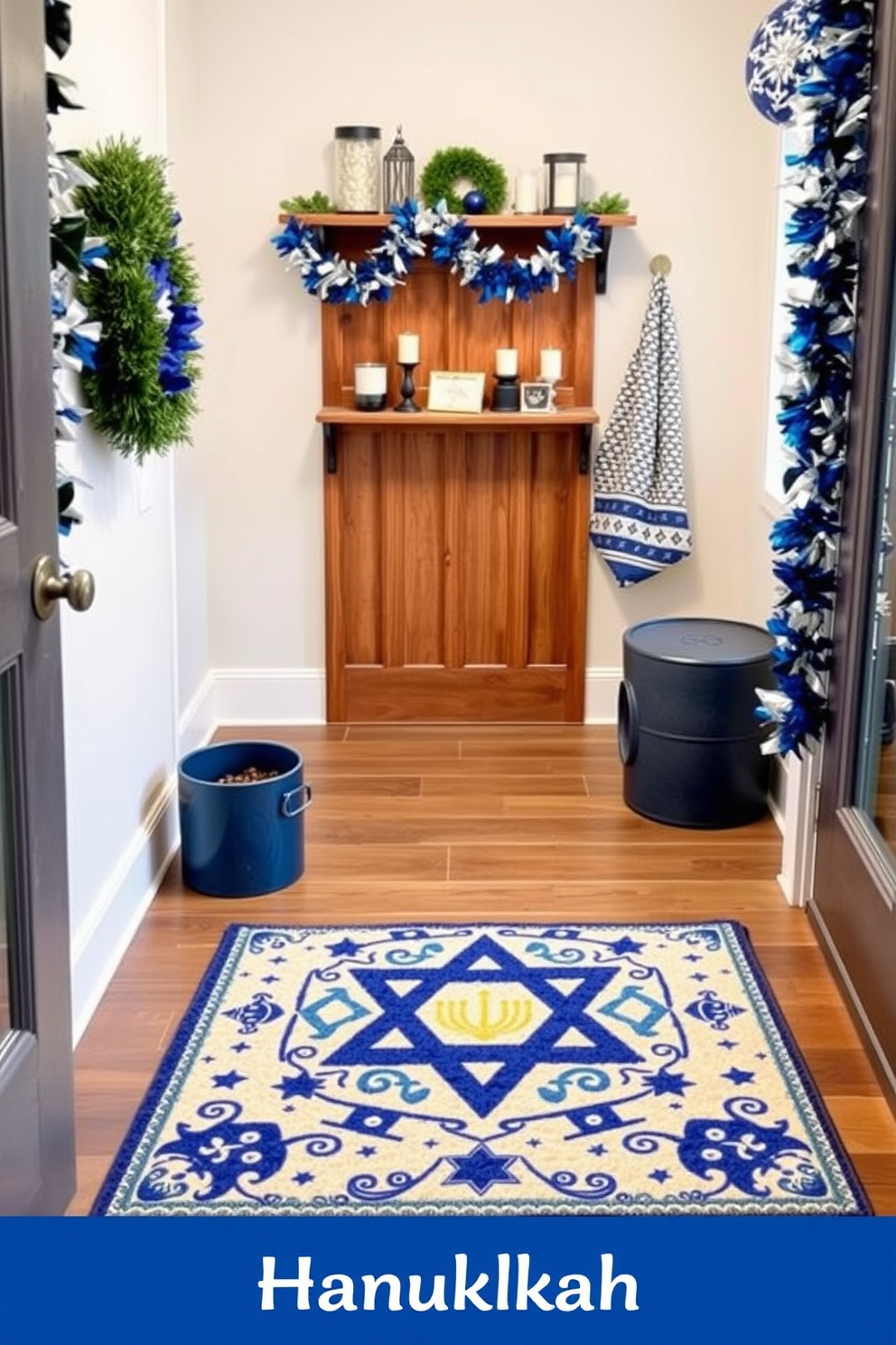 A colorful table runner adorned with festive holiday symbols stretches across a rustic wooden dining table. Surrounding the table are mismatched chairs, each decorated with small ornaments that reflect the spirit of the season. The mudroom features a warm and inviting design, with Hanukkah decorations tastefully arranged on a bench. Brightly colored menorahs and dreidels are displayed on shelves, adding a cheerful touch to the space.