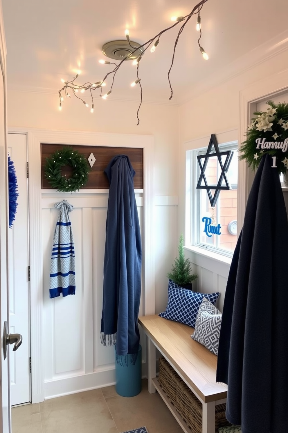 A cozy mudroom features a rustic bench with storage underneath. The walls are adorned with hooks for coats and a woven basket filled with pinecones and branches sits in a decorative vase. For Hanukkah decorating ideas, a festive table setting showcases a beautiful menorah at the center. Surrounding the menorah, blue and silver accents create a warm and inviting atmosphere.