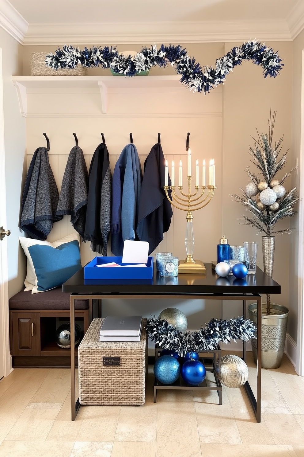 A stylish mudroom features a built-in bench with soft cushions and hooks for coats. Decorative trays for keys and mail are elegantly arranged on a sleek console table, enhancing organization and aesthetics. The space is adorned with festive Hanukkah decorations, including blue and silver accents. A beautiful menorah sits prominently on the table, surrounded by shimmering garlands and themed ornaments.