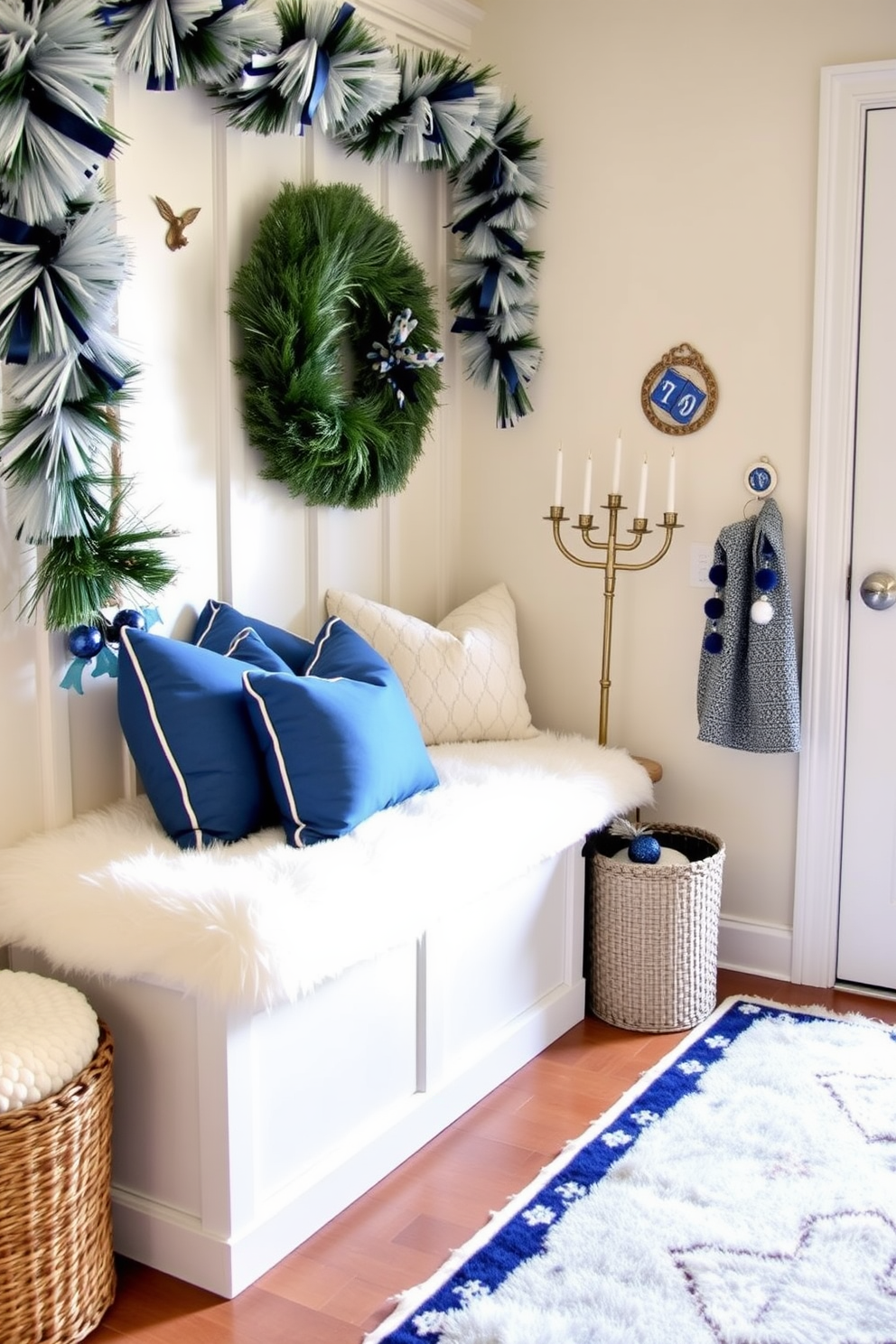 A cozy mudroom adorned with faux fur accents creates a warm and inviting atmosphere. The space features a bench covered in soft white faux fur, complemented by matching pillows and a stylish area rug. For Hanukkah decorating ideas, the mudroom is embellished with elegant blue and silver decorations. A menorah is placed on the bench alongside festive garlands and a decorative dreidel, enhancing the holiday spirit.