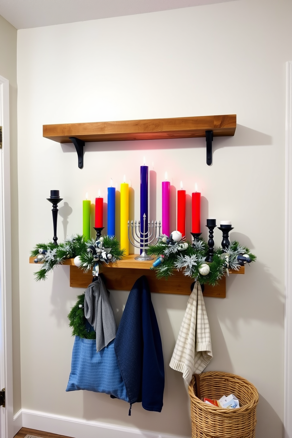 Festive artwork featuring Hanukkah themes. The wall is adorned with vibrant paintings of menorahs and dreidels, surrounded by twinkling string lights to enhance the celebratory atmosphere. Mudroom Hanukkah decorating ideas. The space includes a cozy bench with blue and silver cushions, and a decorative shelf displaying festive items like decorative candles and holiday-themed storage bins.