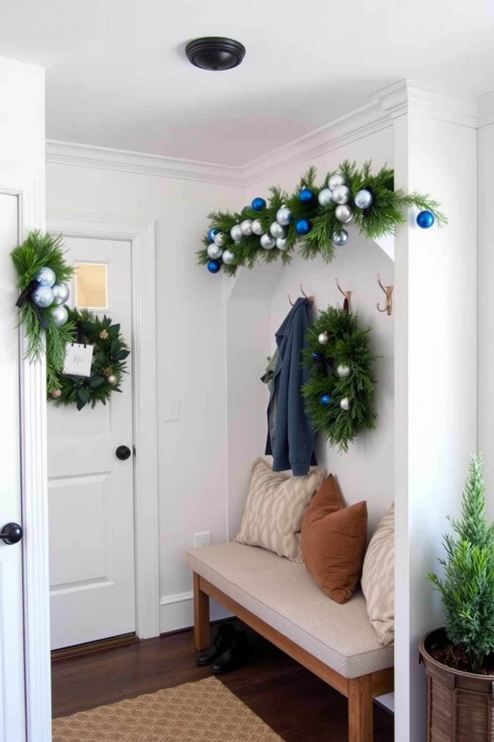 A festive mudroom adorned with a garland featuring blue and silver accents. The walls are painted in a soft white, creating a bright and welcoming atmosphere, while a cozy bench with plush cushions invites guests to sit and remove their shoes.