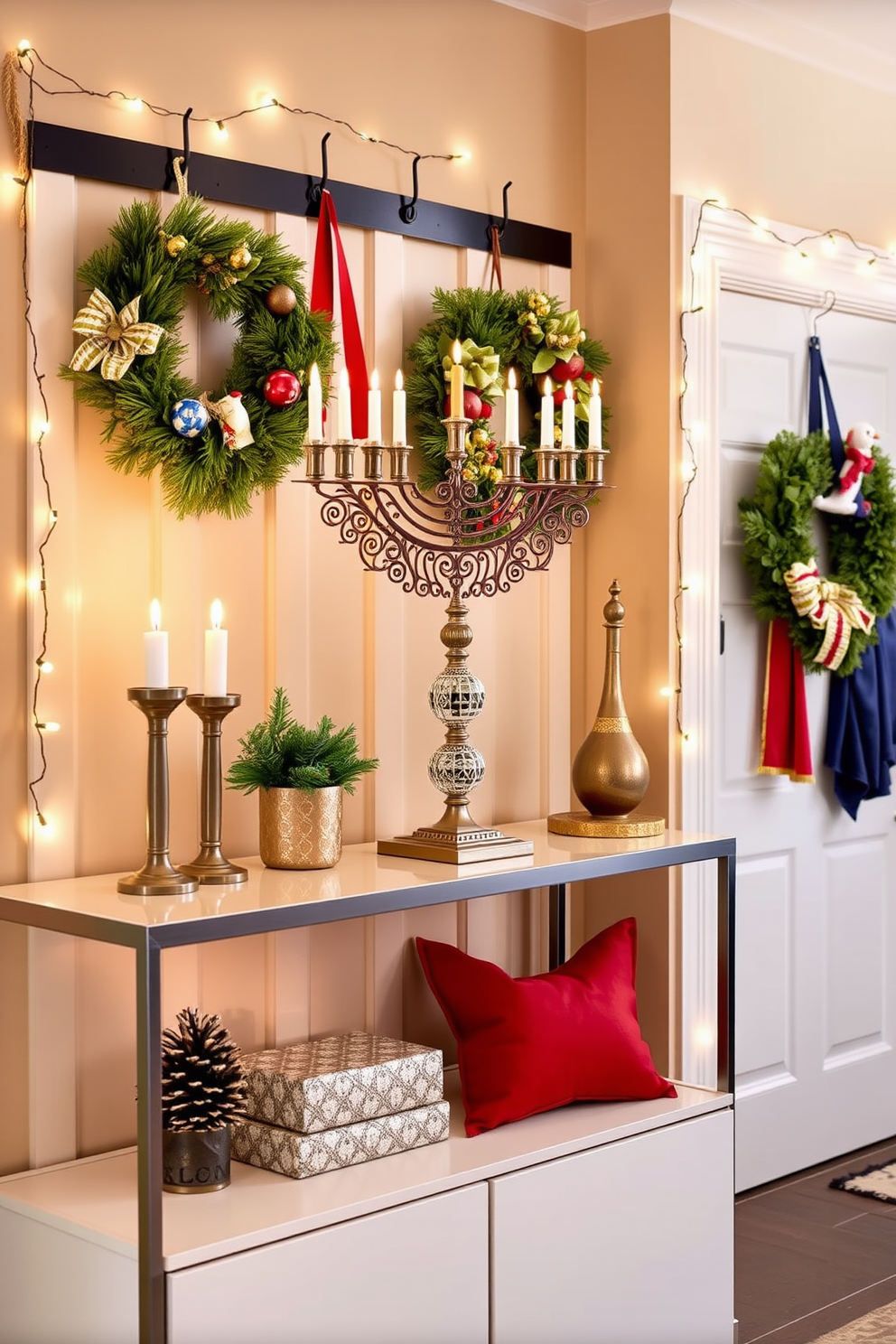 Artistic menorah as a focal point. The menorah is elegantly crafted with intricate designs, standing prominently on a sleek console table adorned with seasonal decorations. Mudroom Hanukkah decorating ideas. The mudroom features a warm color palette with festive wreaths hanging on the hooks and twinkling fairy lights draped across the entryway.