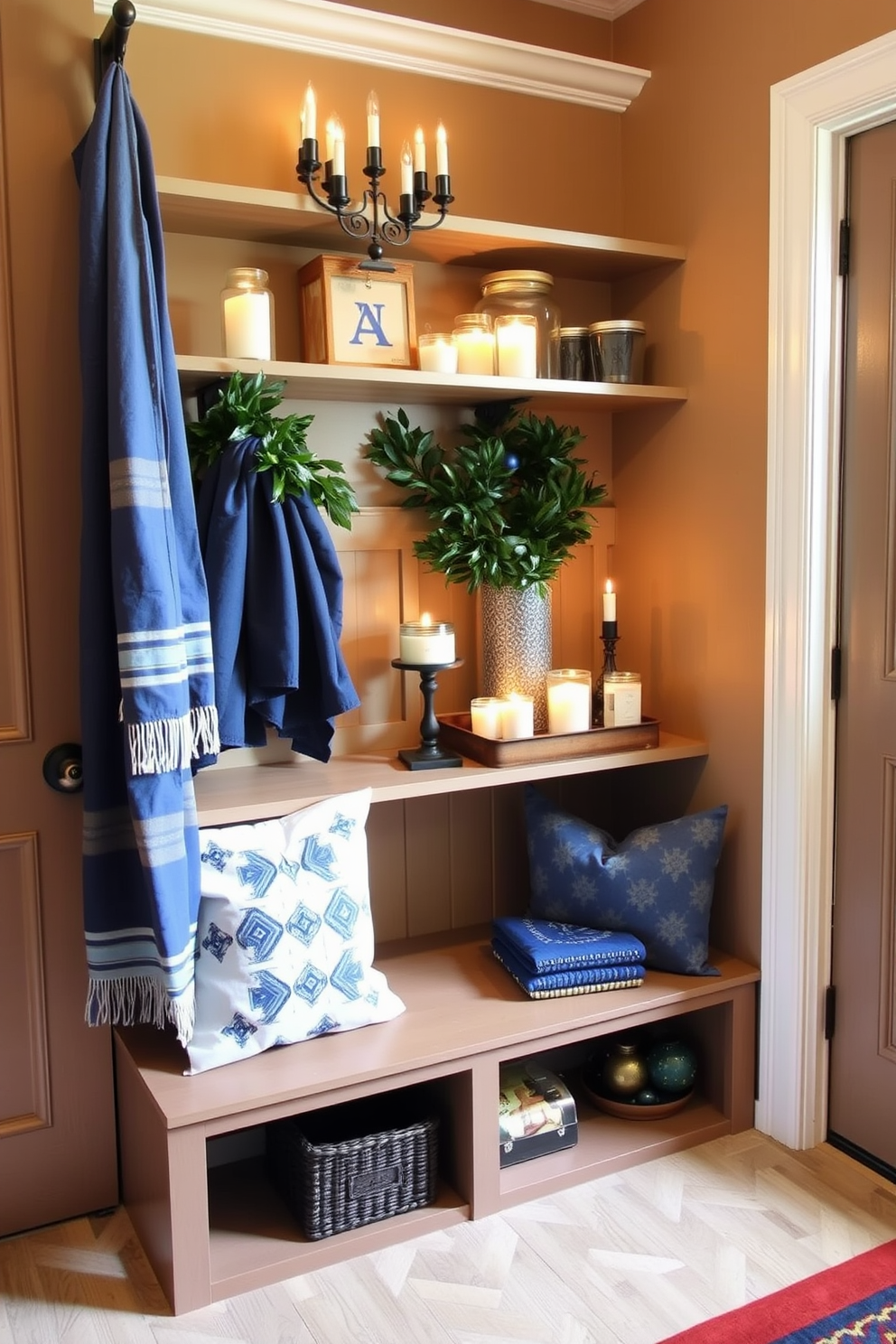 A cozy mudroom adorned for Hanukkah features a warm color palette with blue and silver accents. Seasonal fragrance candles are strategically placed on shelves, creating a welcoming ambiance while enhancing the festive spirit.