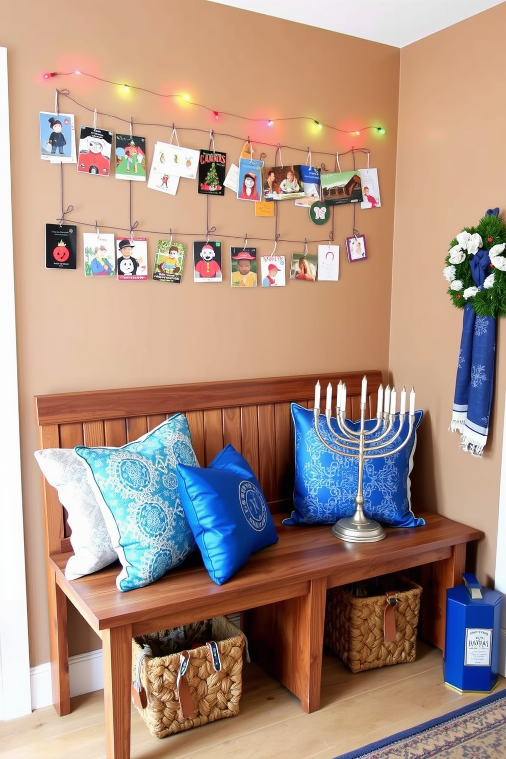 A cozy mudroom adorned with hanging holiday cards creates a festive atmosphere. The walls are painted a warm taupe, and a rustic wooden bench provides seating, while colorful string lights illuminate the space. For Hanukkah decorating ideas, the mudroom features a beautiful blue and silver color scheme. A menorah sits on the bench, surrounded by decorative dreidels and vibrant blue throw pillows.