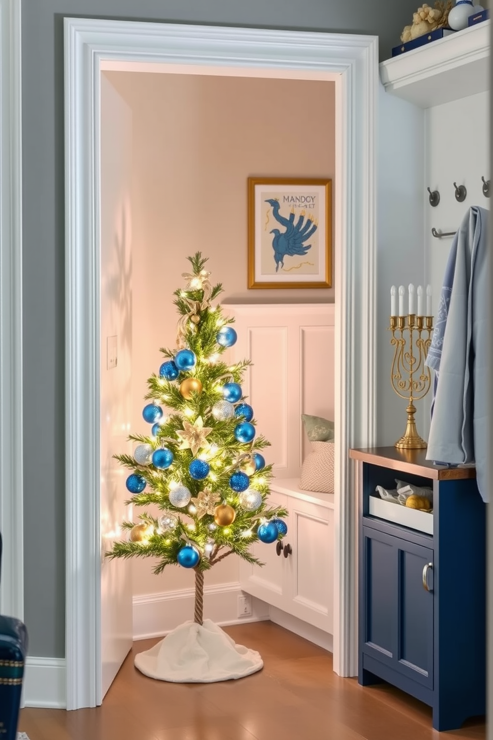 A charming miniature Christmas tree adorned with shimmering blue ornaments stands in the corner of a cozy room. The soft glow of twinkling lights enhances the festive atmosphere, creating a delightful focal point. The mudroom is elegantly decorated for Hanukkah, featuring a beautiful blue and white color scheme. Stylish storage solutions blend seamlessly with festive accents like menorahs and themed artwork, making the space both functional and inviting.