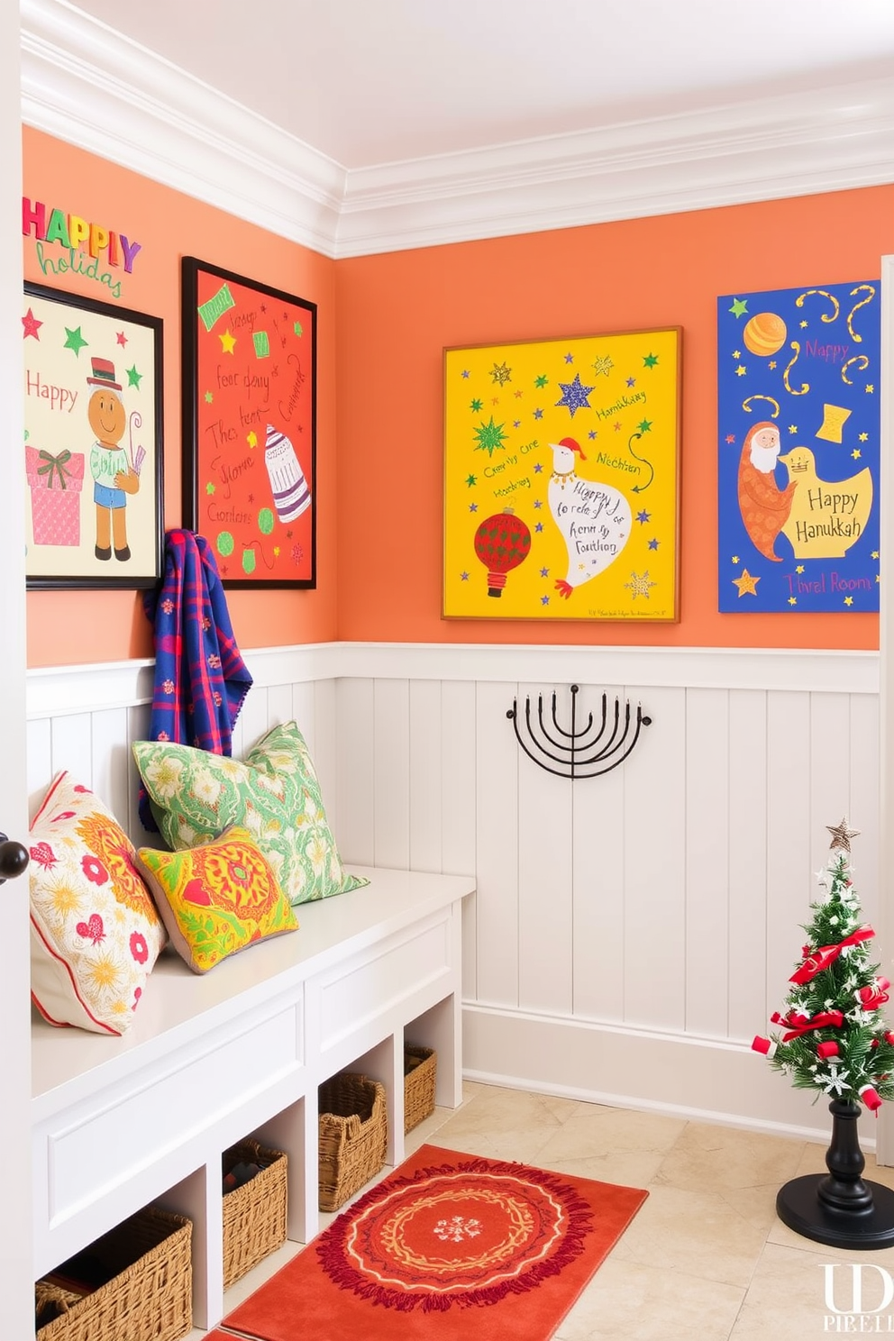 A cozy mudroom featuring miniature trees adorned with blue ornaments creates a festive atmosphere. The space is enhanced with a warm color palette, complemented by a rustic bench and storage for winter gear. Soft lighting illuminates the area, highlighting the decorations and inviting a cheerful holiday spirit. A decorative rug adds texture, while a wreath on the door welcomes guests into this charming seasonal setup.