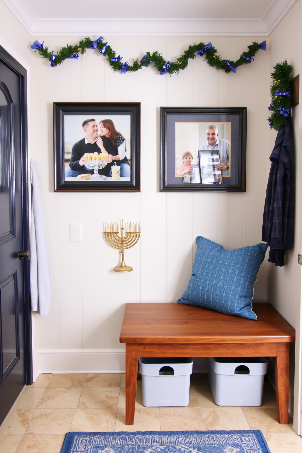 A cozy mudroom adorned with festive Hanukkah decorations. The walls are lined with family photos capturing joyful moments from past Hanukkah celebrations, framed in blue and silver. A wooden bench is positioned against the wall, covered with a soft blue cushion. Decorative menorahs and dreidels are arranged on a shelf, adding a cheerful touch to the space.