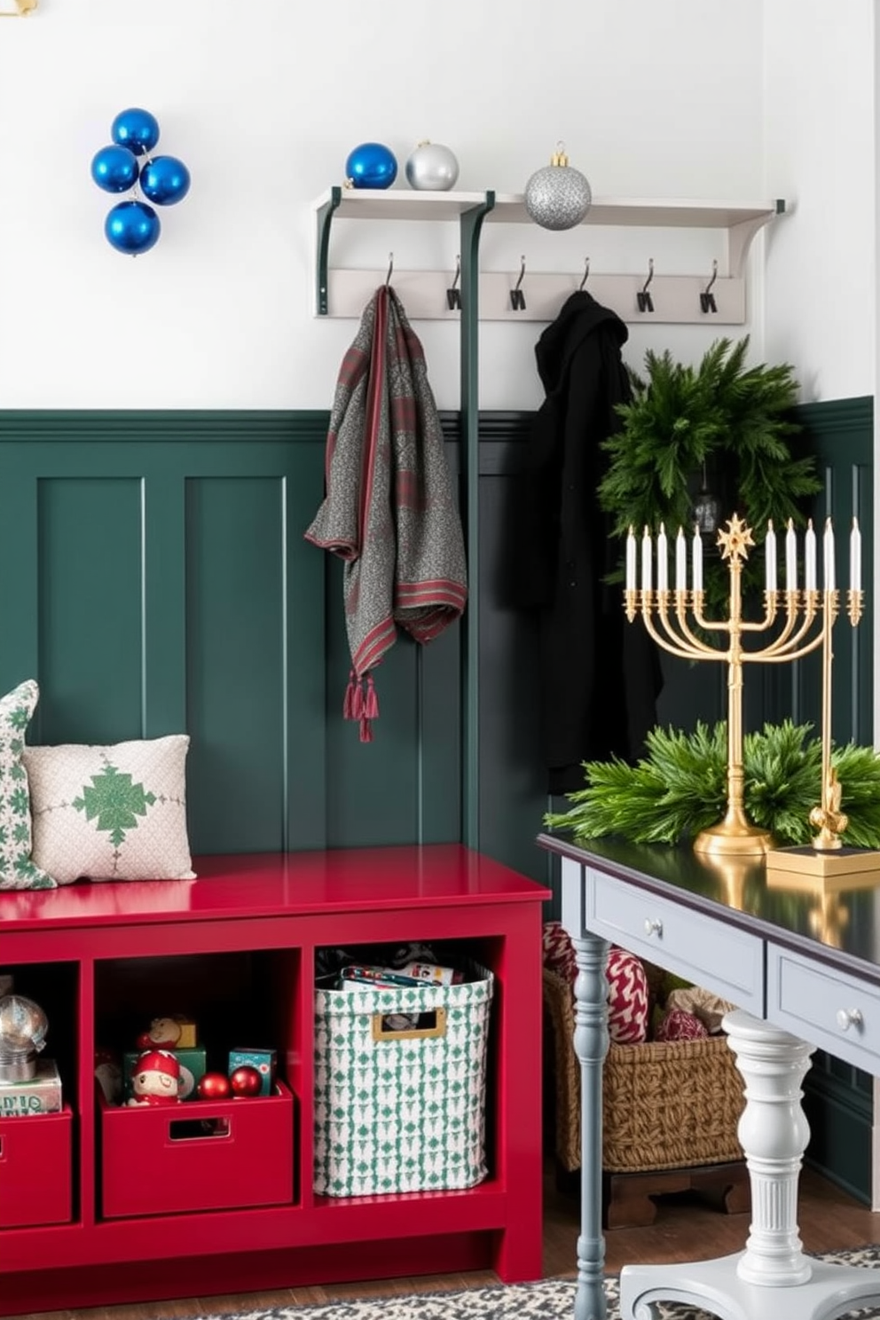 Chic storage solutions in holiday colors. A stylish bench with built-in cubbies painted in deep red and green holds festive bins filled with holiday decorations. Mudroom Hanukkah decorating ideas. The space features a sleek coat rack adorned with blue and silver ornaments, while a vibrant menorah sits on a console table surrounded by seasonal greenery.