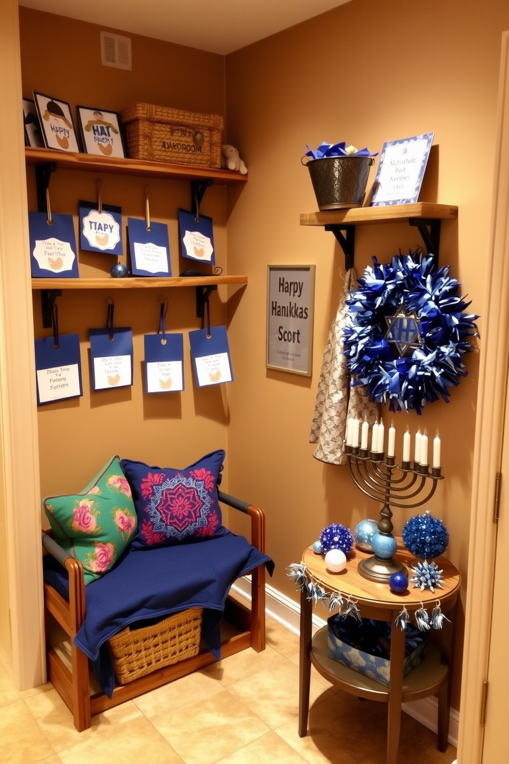 A cozy mudroom filled with handmade crafts from children displayed on rustic shelves. The walls are painted in a warm beige, and a bench with colorful cushions provides a welcoming touch. For Hanukkah, the space is adorned with blue and silver decorations, including a menorah placed on a side table. Soft lighting creates a festive atmosphere, highlighting the crafts and seasonal decor.