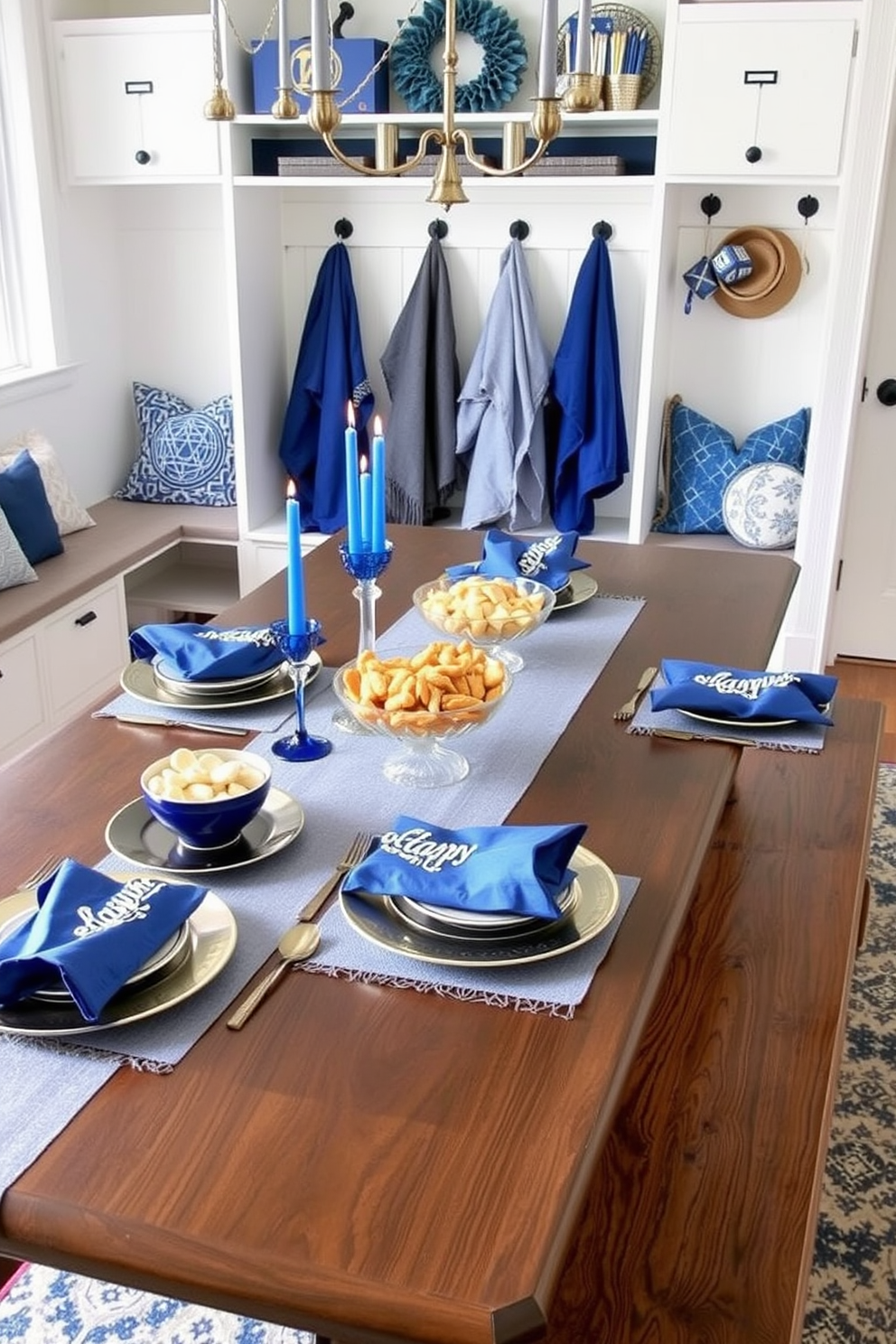 A cozy mudroom features a cushioned bench adorned with soft throw pillows for comfortable seating. The space is decorated with festive Hanukkah elements, including blue and silver accents, menorah displays, and cheerful wall art.