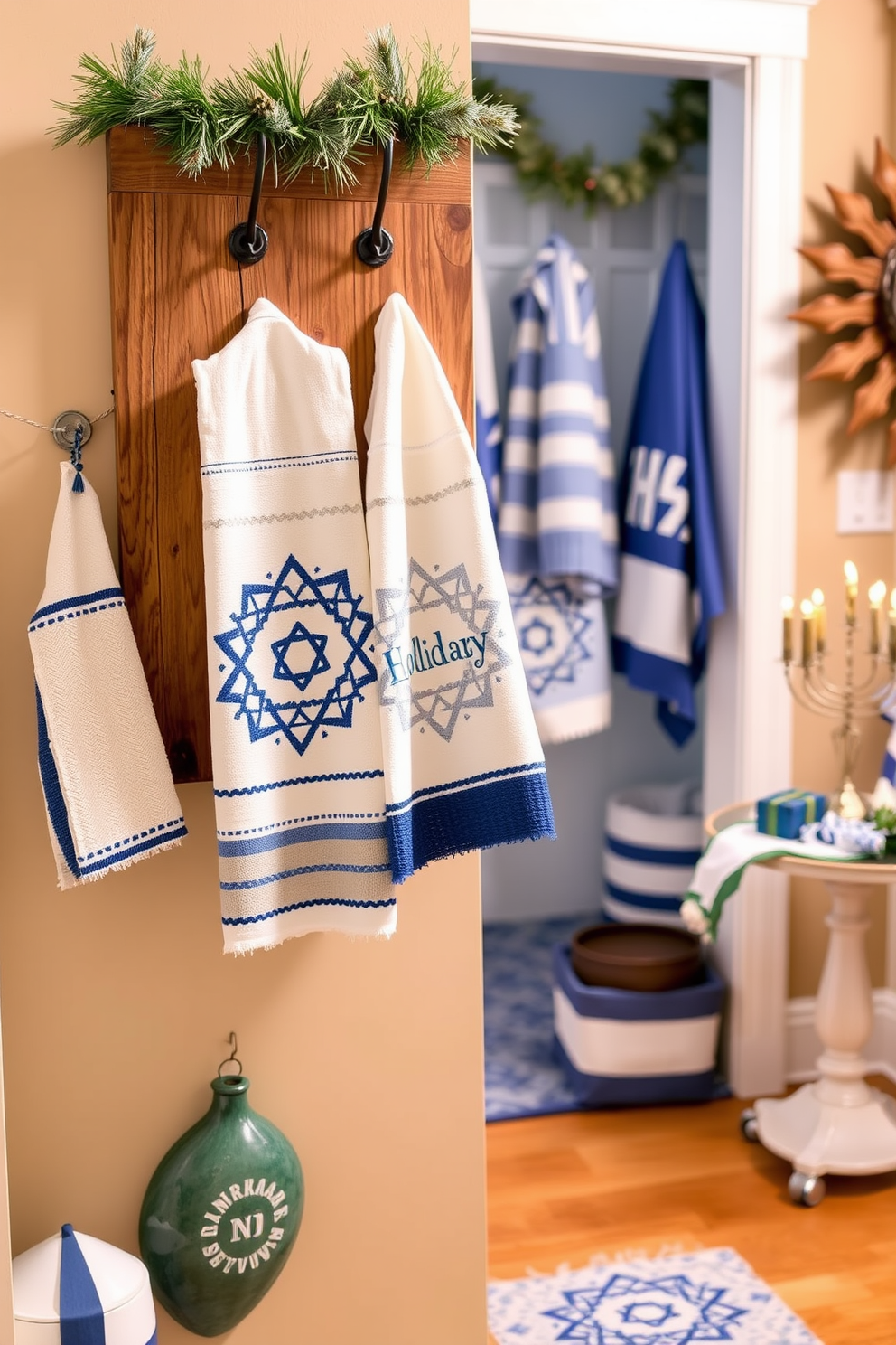 Coordinated holiday-themed dish towels are neatly arranged on a rustic wooden rack in the mudroom. The towels feature festive designs in blue and silver, complementing the warm tones of the space. The mudroom is adorned with Hanukkah decorations, including a beautiful menorah on a side table and blue and white accents throughout. Soft lighting creates a cozy atmosphere, highlighting the cheerful holiday spirit.