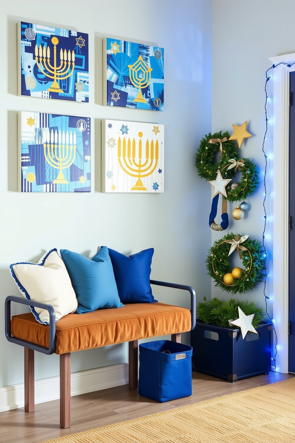 A cozy mudroom decorated for Hanukkah features a vibrant hanging dreidel garland strung across the wall. The space is filled with festive accents, including a small table adorned with blue and silver decorations and a welcoming menorah placed prominently.