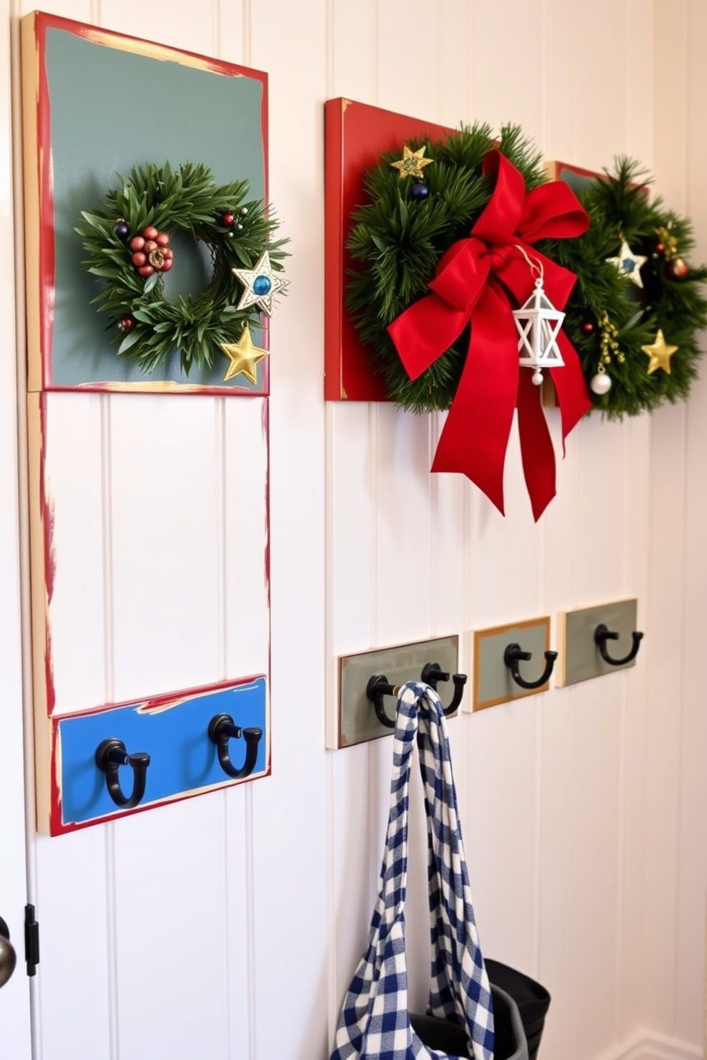 Stylish coat hooks adorned with holiday accents create a warm and inviting atmosphere in the mudroom. The hooks are painted in festive colors, with decorative elements like stars and menorahs adding a cheerful touch to the space.