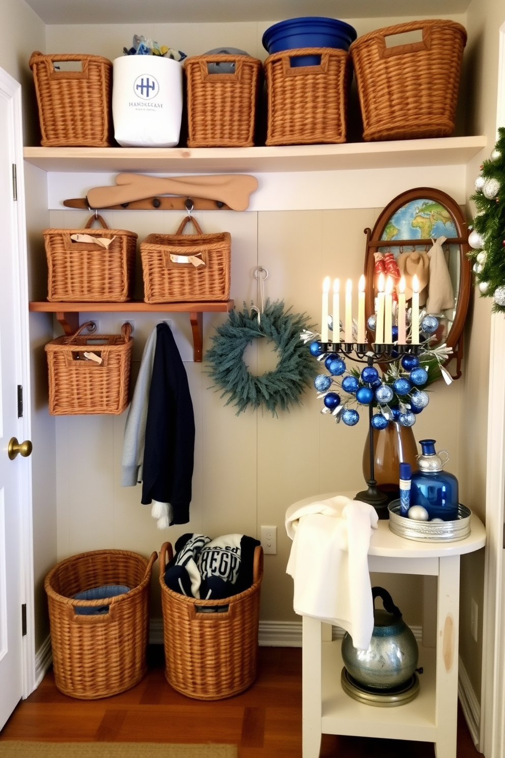 A cozy mudroom adorned with decorative baskets for storing winter gear. The baskets are woven in natural tones and neatly arranged on a rustic wooden shelf, creating an inviting and organized space. Festive Hanukkah decorations fill the room with warmth and cheer. A beautiful menorah sits on the entryway table, surrounded by blue and silver accents that reflect the holiday spirit.