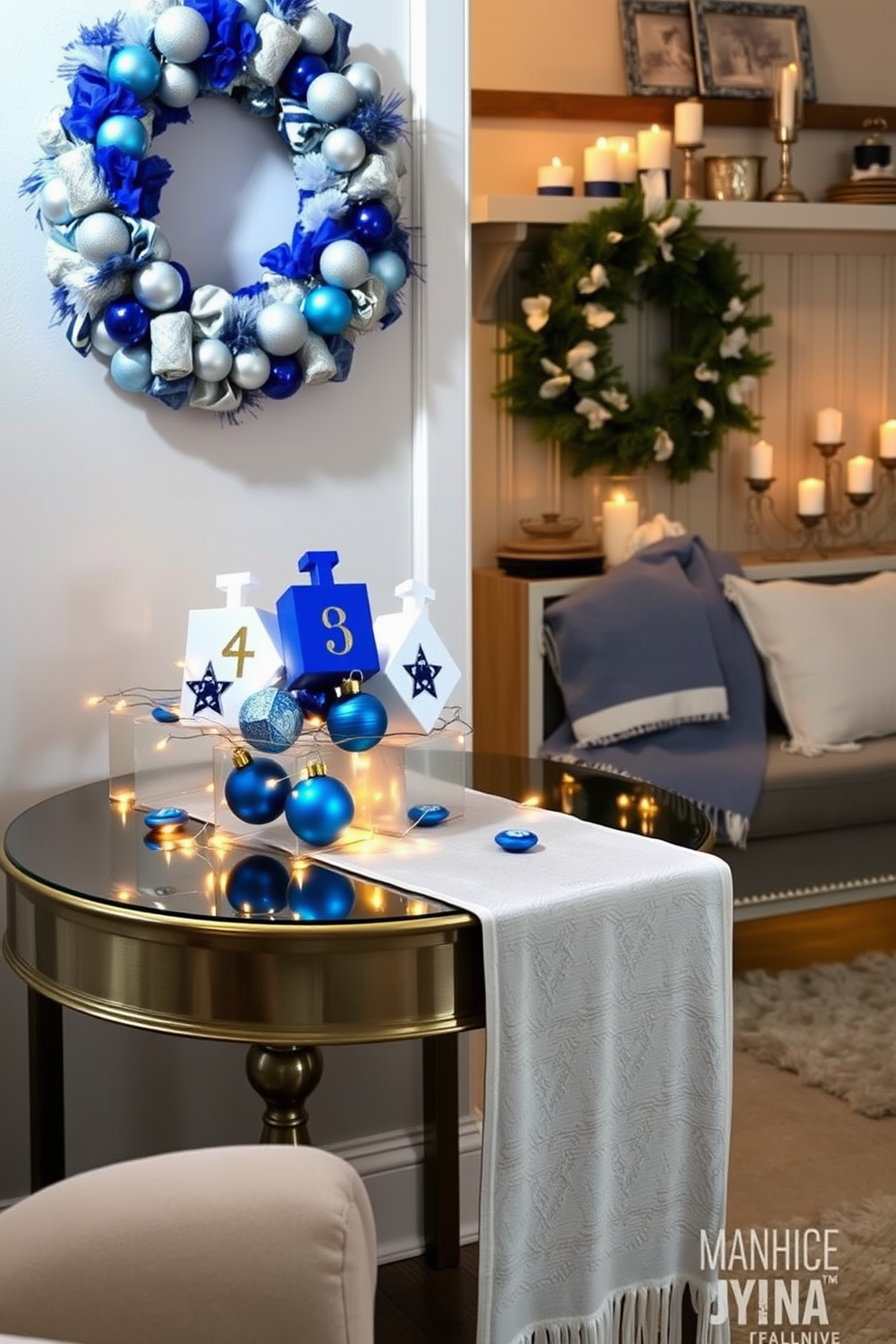 A charming dreidel centerpiece sits elegantly on a side table adorned with a festive table runner. The colorful dreidels are surrounded by twinkling fairy lights and small decorative gelt, creating a warm and inviting atmosphere for Hanukkah celebrations. In the mudroom, Hanukkah decorations include a vibrant wreath featuring blue and silver ornaments. Cozy blankets are draped over a bench, while a collection of menorahs and candles are displayed on a shelf, adding a festive touch to the space.