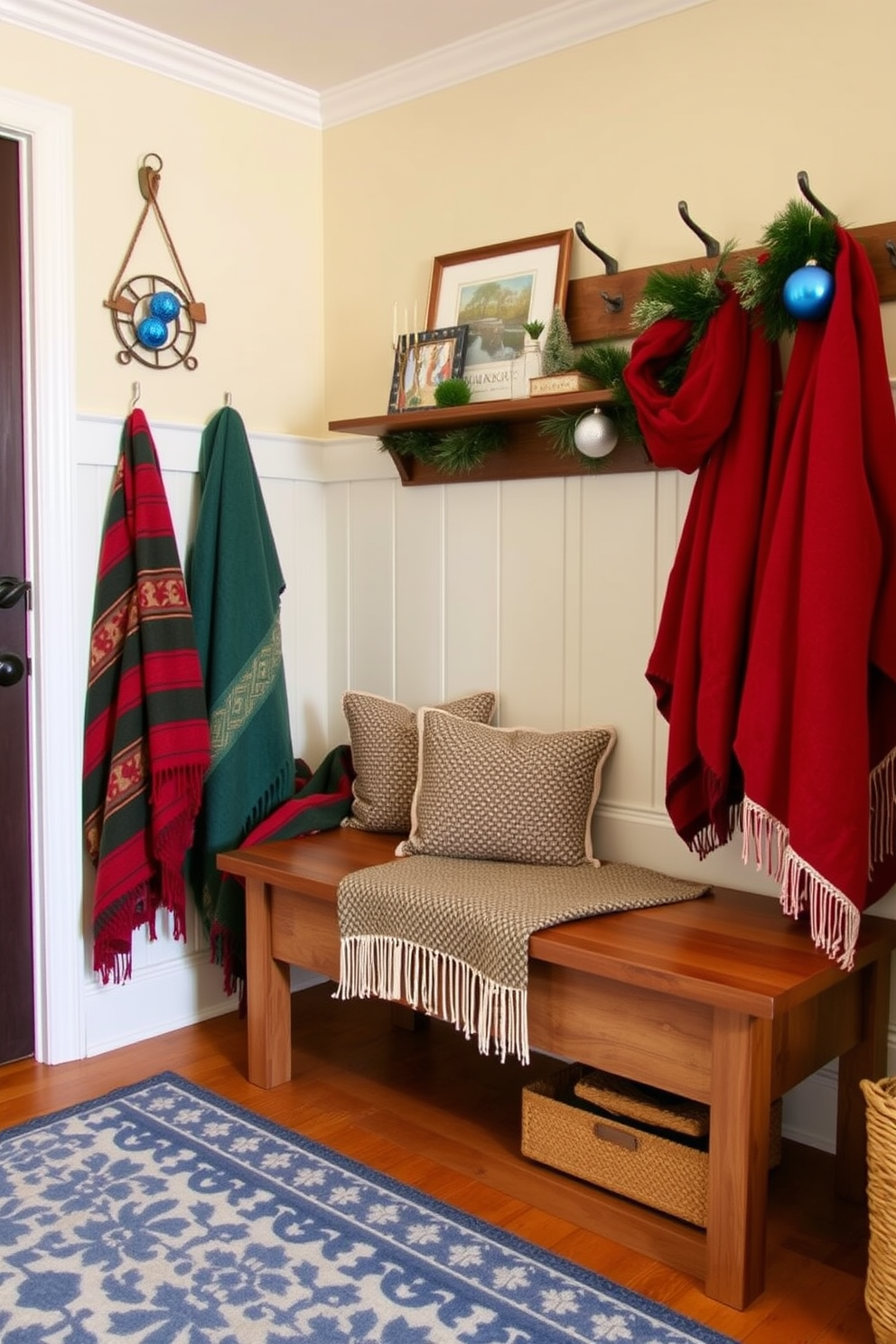 A cozy mudroom adorned with warm throw blankets in holiday colors creates an inviting atmosphere. The walls are painted in a soft cream tone, complementing the rich reds and greens of the blankets draped over a wooden bench. Decorative elements include festive Hanukkah-themed accents such as a menorah on a shelf and blue and silver ornaments hanging from hooks. A patterned rug in shades of blue and white adds a touch of elegance to the space, making it perfect for holiday gatherings.