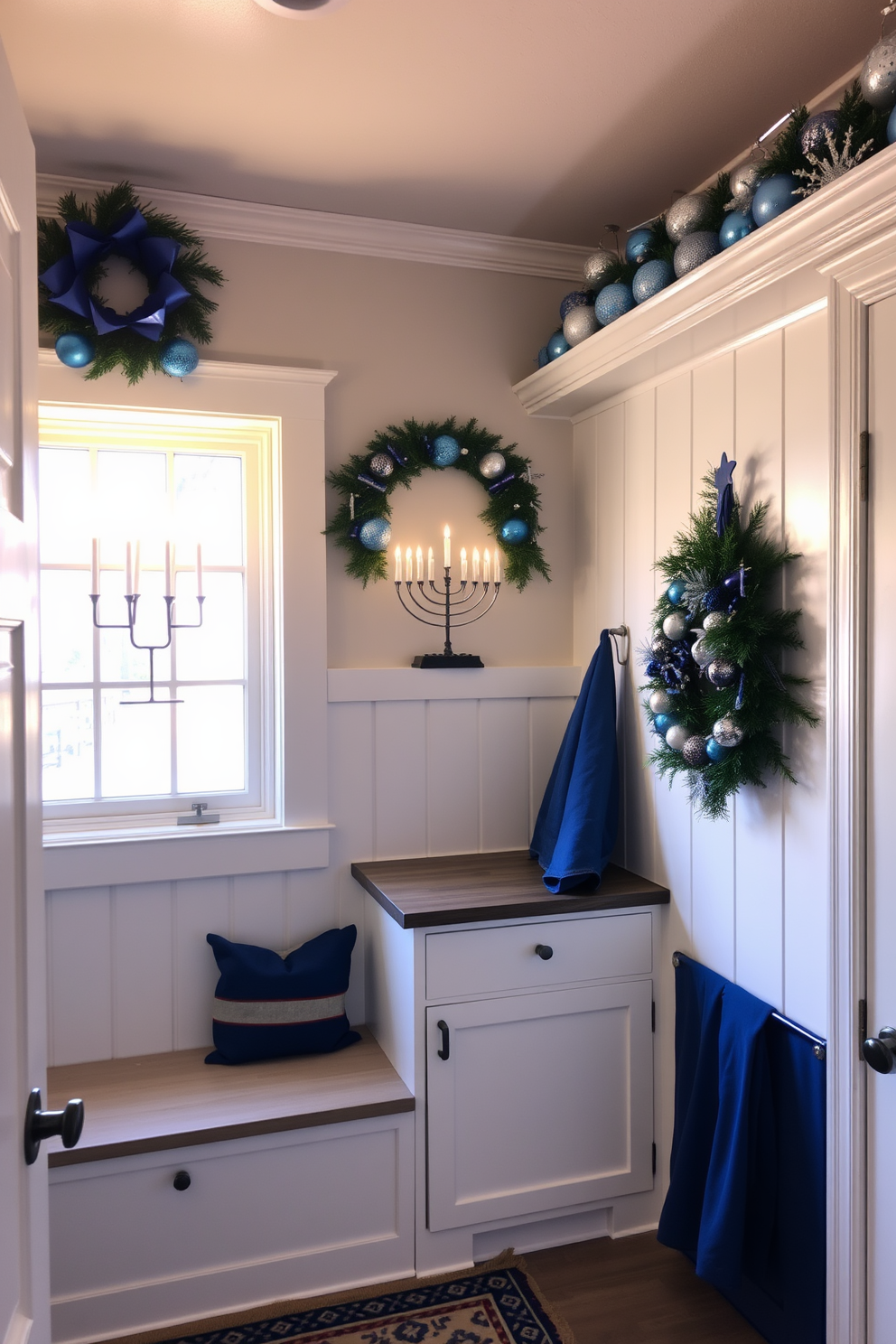 A stylish mudroom adorned with Star of David wall art creates a warm and inviting atmosphere. The walls are painted in a soft blue hue, and a rustic wooden bench provides a comfortable seating area for removing shoes. Decorative elements inspired by Hanukkah, such as blue and silver accents, are thoughtfully placed throughout the space. A beautiful menorah sits on a shelf, while festive garlands hang above the entrance, adding a touch of holiday spirit.