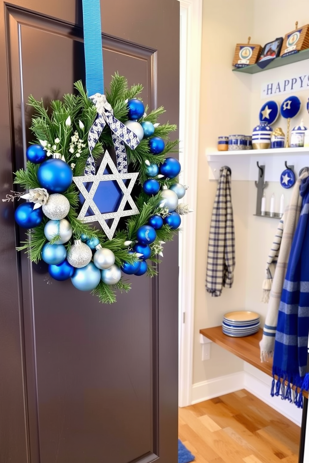 A beautifully crafted DIY Hanukkah wreath adorns the front door, featuring a mix of blue and silver ornaments along with fresh greenery. The wreath is accented with a Star of David and small white lights, creating a warm and inviting entrance. The mudroom is transformed into a festive space with Hanukkah-themed decorations, including a vibrant blue runner on the floor and shelves lined with dreidels and menorahs. Wall-mounted hooks display cozy scarves and hats, while a cheerful banner reading Happy Hanukkah adds a personal touch.