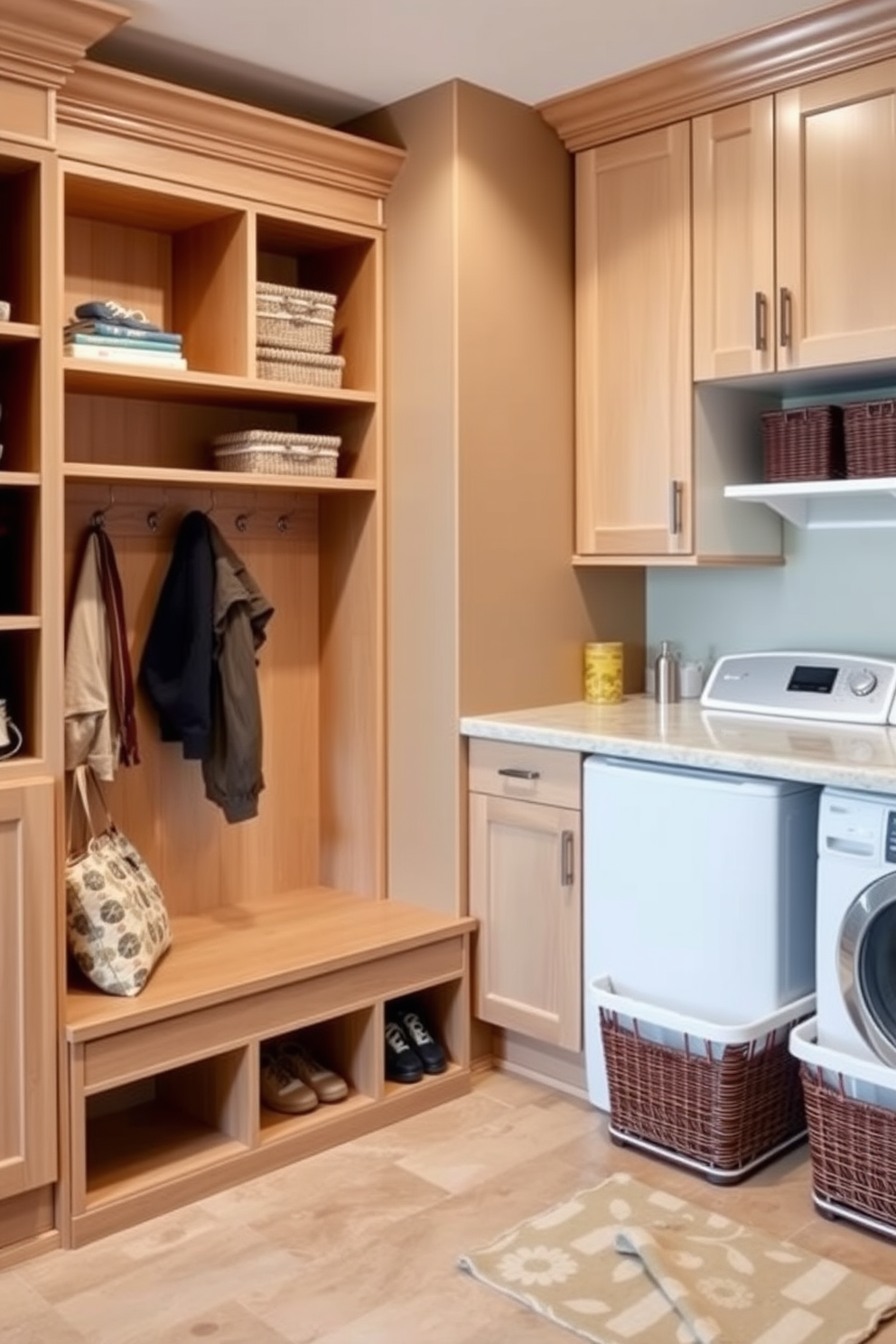 A functional mudroom features built-in storage solutions with a bench for seating and hooks for hanging coats. The cabinetry is designed with a combination of open shelves and closed compartments to keep the space organized and tidy. In the laundry room, built-in storage ideas include a countertop for folding clothes and cabinets for storing laundry supplies. A dedicated area for sorting and organizing laundry baskets enhances the efficiency of the space.