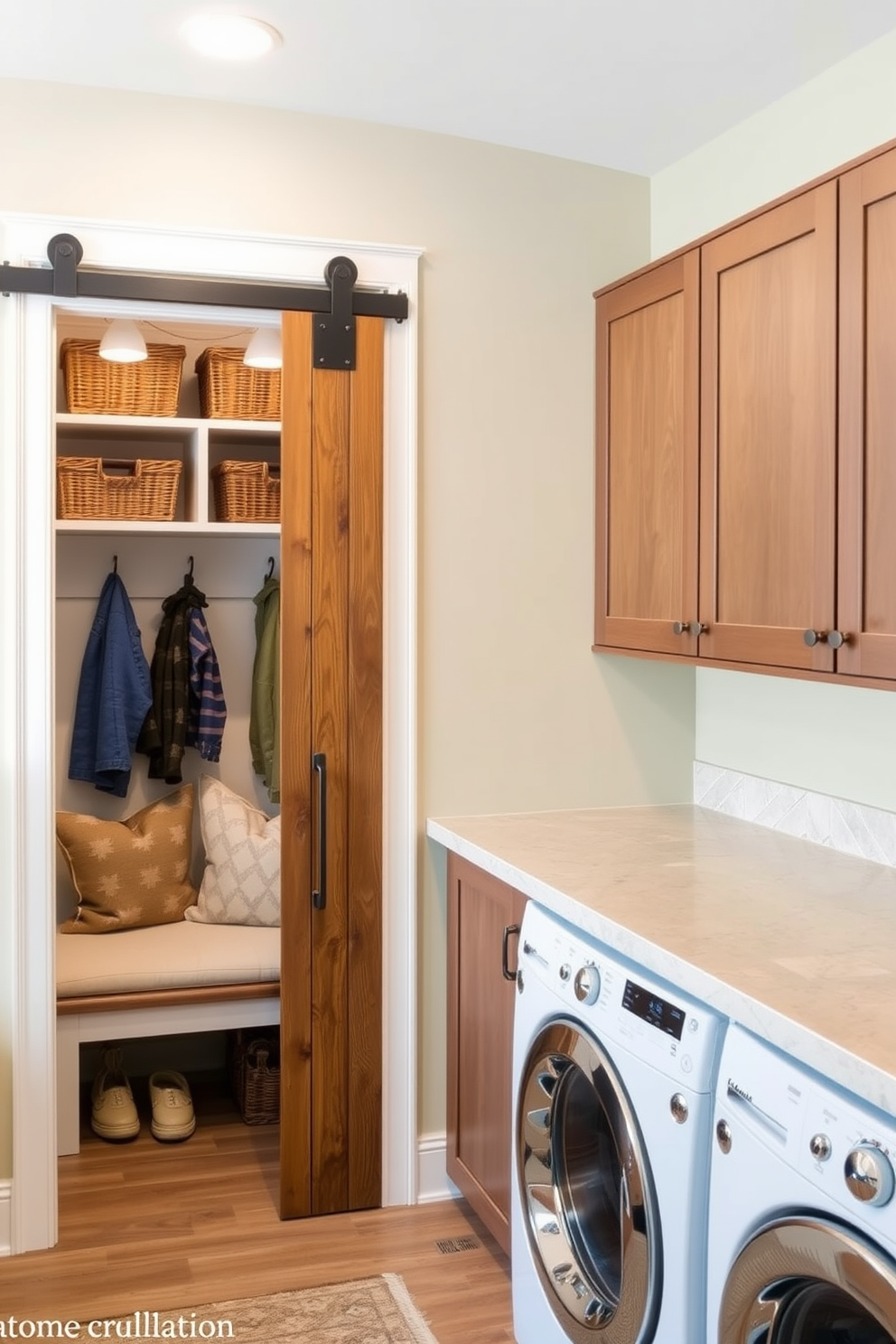 A functional mudroom featuring a series of hooks mounted on a light gray wall for easy access to coats and bags. Below the hooks, woven baskets are neatly arranged on a wooden bench, providing a stylish solution for quick organization of shoes and outdoor gear. A spacious laundry room with a sleek countertop made of quartz for folding clothes. The walls are painted in a soft blue, and open shelving displays neatly organized baskets for laundry supplies, creating a clean and efficient workspace.