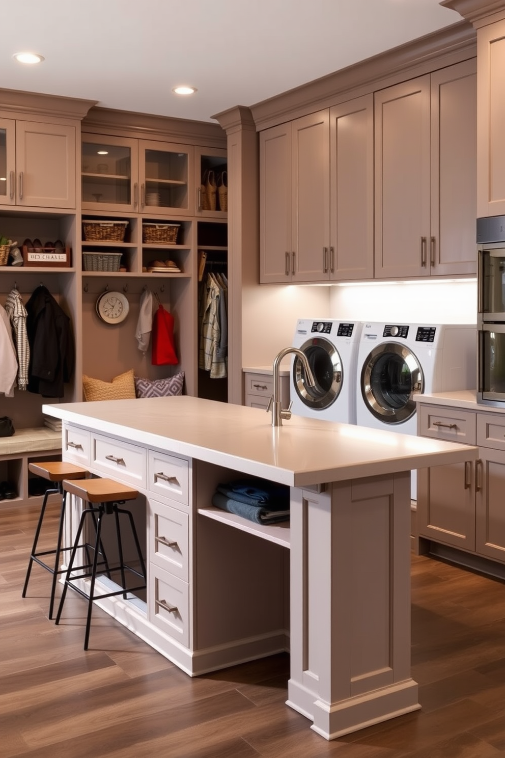 A multi-purpose island designed for folding clothes features a spacious countertop with built-in storage below. The island is surrounded by stylish bar stools, creating a functional yet inviting space. The mudroom includes built-in benches and hooks for coats, with a durable flooring option that withstands heavy foot traffic. Soft lighting highlights the organized shelves filled with baskets for shoes and accessories, ensuring a tidy appearance. The laundry room showcases a combination of sleek cabinetry and open shelving for easy access to supplies. A large sink is integrated into the design, along with modern appliances that blend seamlessly into the overall aesthetic.