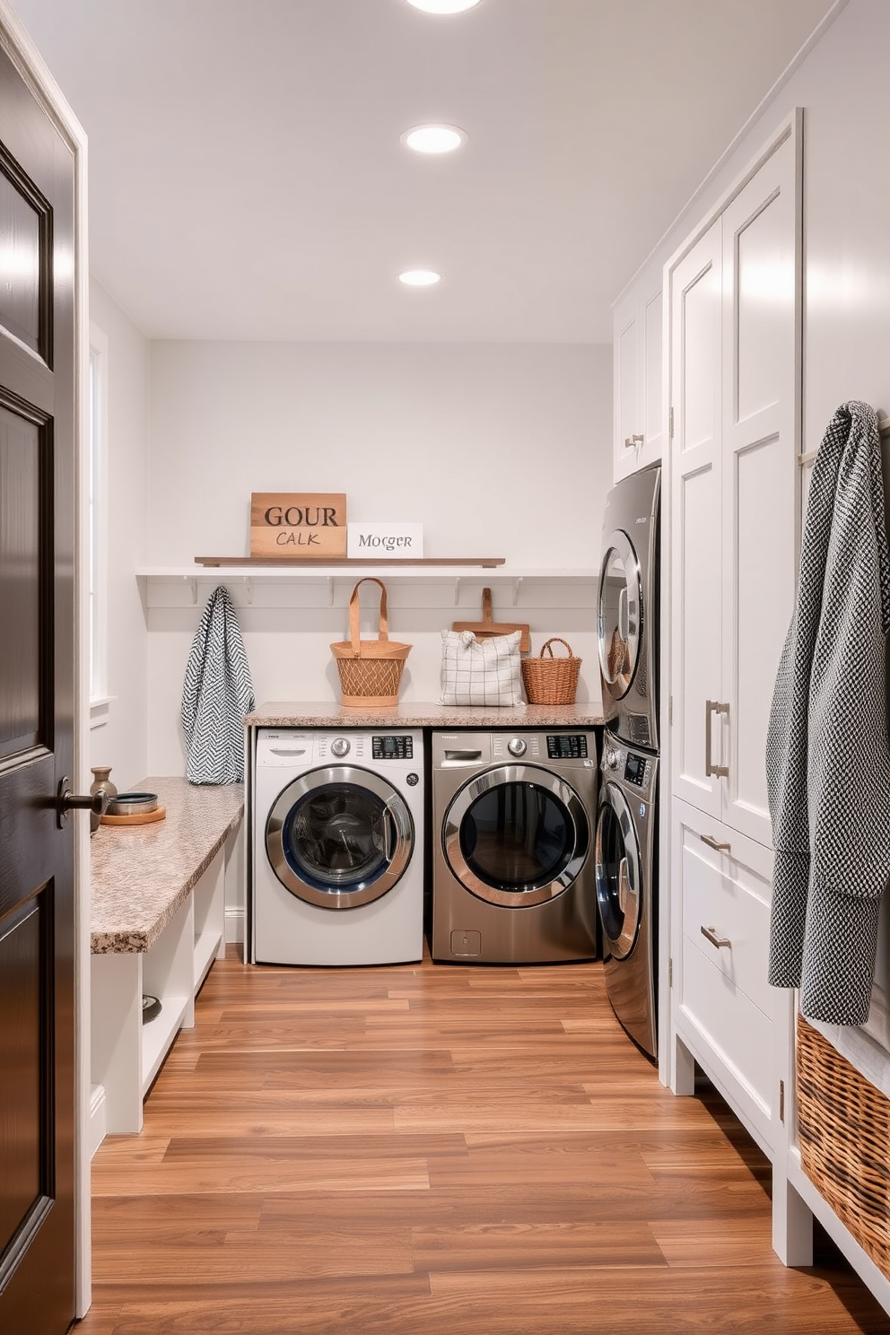 A durable flooring solution for a high traffic mudroom laundry room features resilient materials that can withstand heavy use. The design incorporates a stylish yet functional layout with ample storage options and easy-to-clean surfaces.