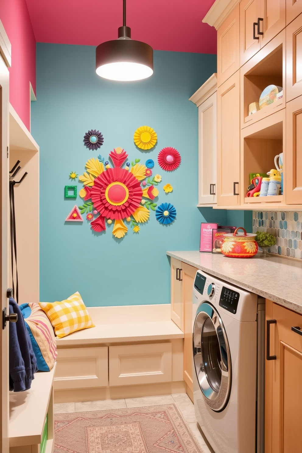 A vibrant mudroom with colorful decorative wall art that reflects personal style. The space features built-in storage benches and hooks for coats, with a playful color palette that energizes the entryway. A functional laundry room designed for efficiency and comfort. It includes ample counter space for folding clothes, stylish cabinetry for storage, and a cheerful backsplash that adds a touch of personality.