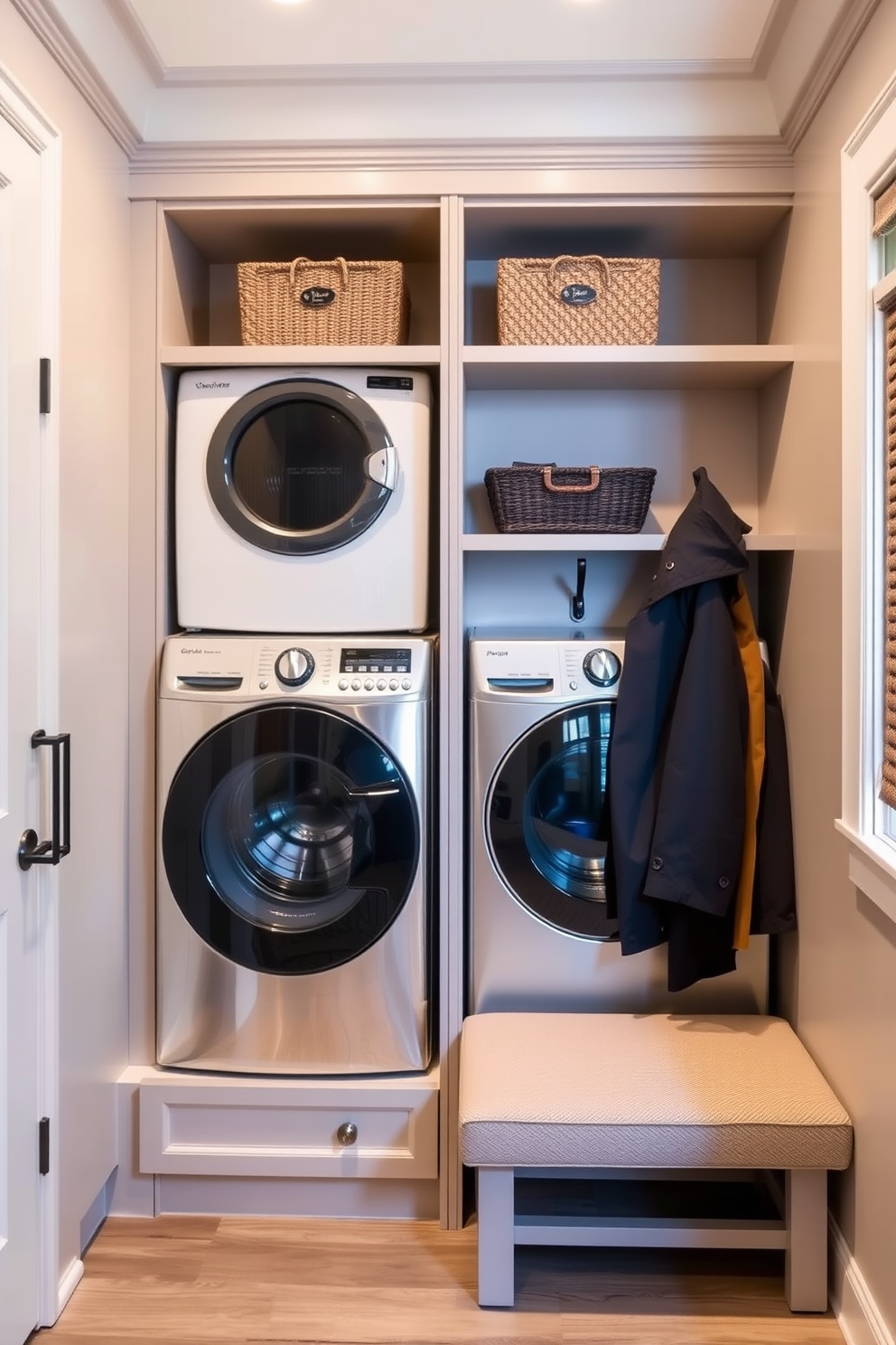 A stylish mudroom features hidden laundry appliances seamlessly integrated behind elegant cabinetry. The space is designed with functional storage solutions, including hooks for coats and a bench for convenience.