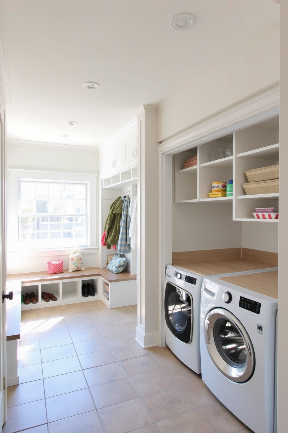 A welcoming mudroom featuring natural wood accents creates a warm and inviting atmosphere. The space includes built-in benches with plush cushions and hooks for coats, complemented by a stylish laundry area with modern appliances. The walls are adorned with shiplap in a soft white hue, enhancing the rustic charm of the natural wood elements. A large window allows natural light to flood the room, illuminating the rich tones of the wood and providing a cheerful ambiance.