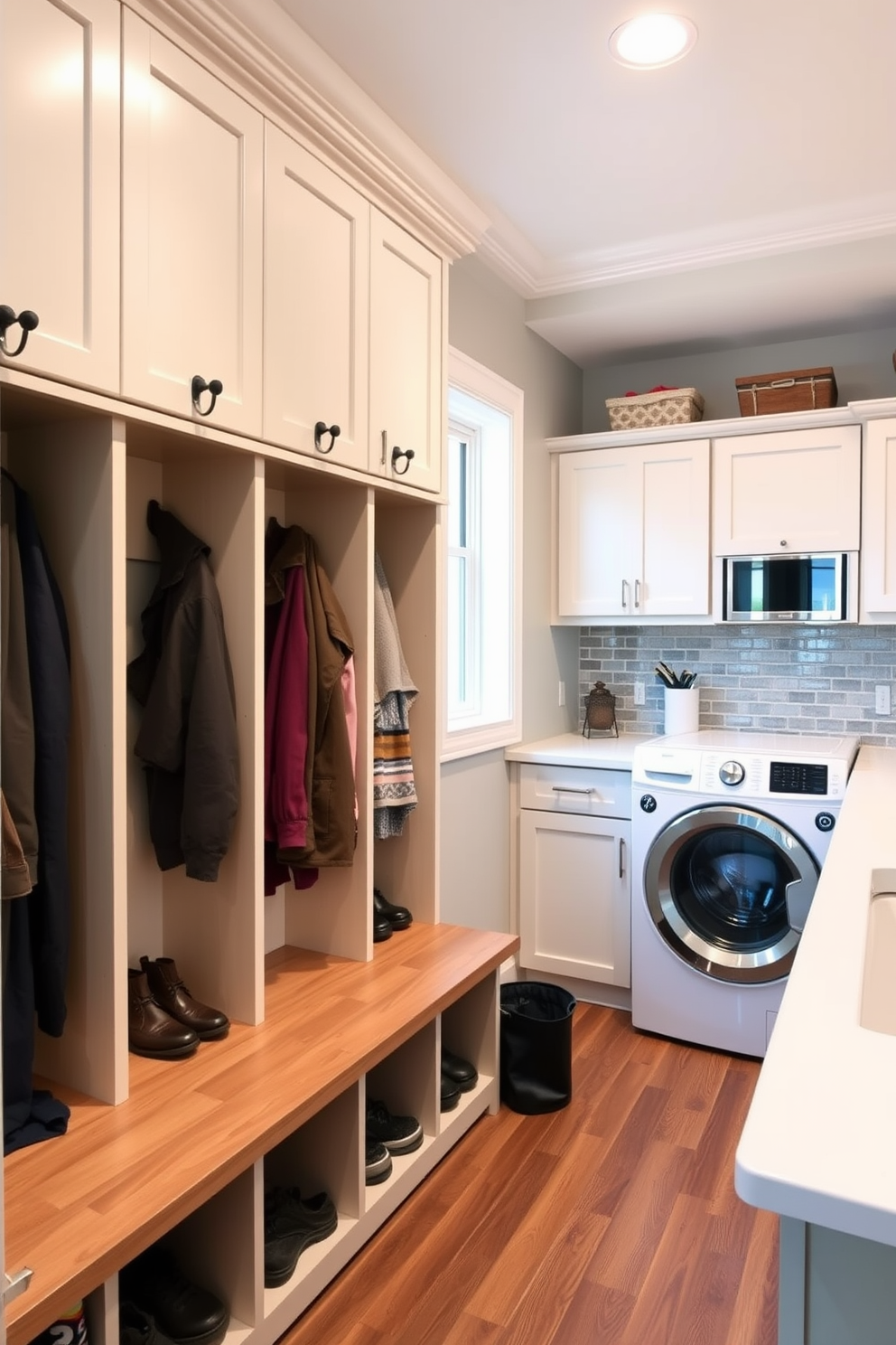 A functional mudroom featuring cubbies for each family member's storage. Each cubby is equipped with hooks for coats and shelves for shoes, creating an organized and welcoming space. The laundry room is designed with ample counter space for folding clothes and a stylish backsplash. Bright cabinetry complements the modern appliances, while a utility sink adds convenience for household tasks.