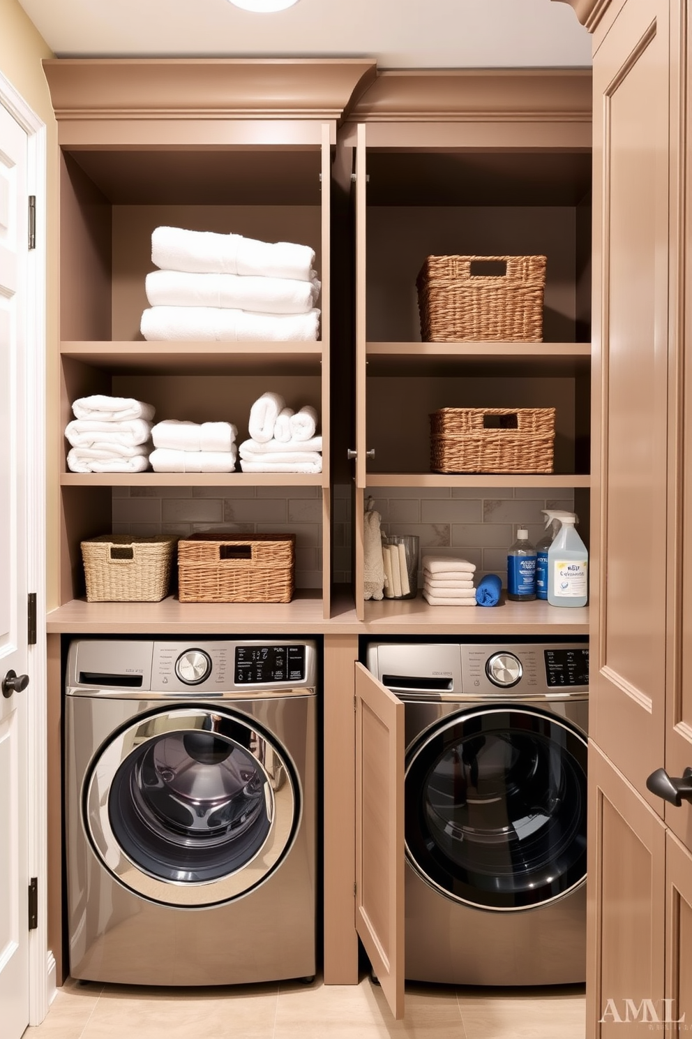 A functional mudroom laundry room features a mix of open and closed cabinetry for optimal storage. The open shelves display neatly folded towels and decorative baskets, while the closed cabinets conceal cleaning supplies and laundry essentials.