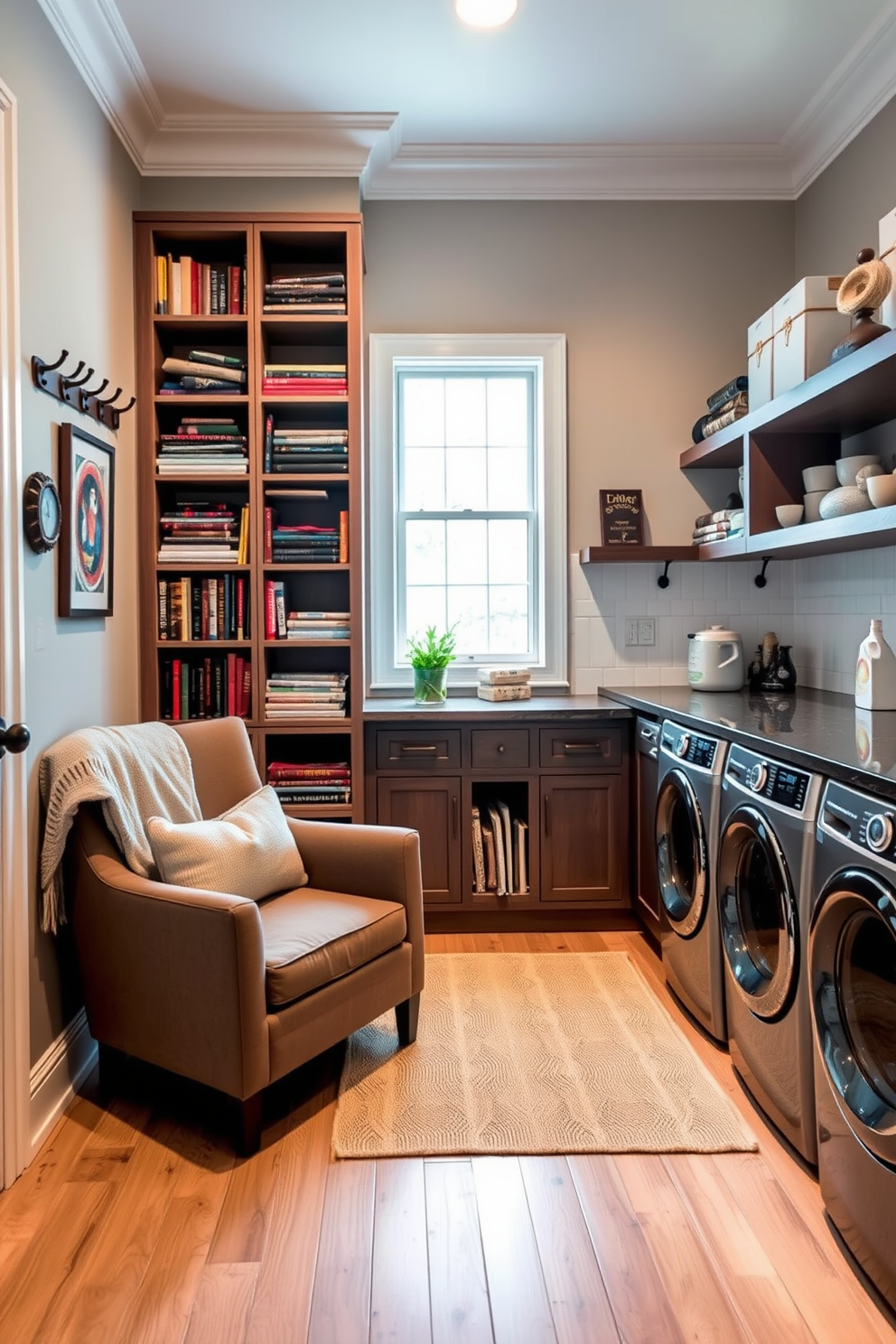 Cozy reading nook in corner. A plush armchair with a soft throw blanket is positioned next to a tall bookshelf filled with various books. Mudroom. There are built-in benches with storage cubbies above for shoes and bags, and hooks on the wall for coats. Laundry Room Design Ideas. A spacious countertop for folding clothes is paired with a modern washer and dryer, while open shelving provides easy access to detergents and supplies.