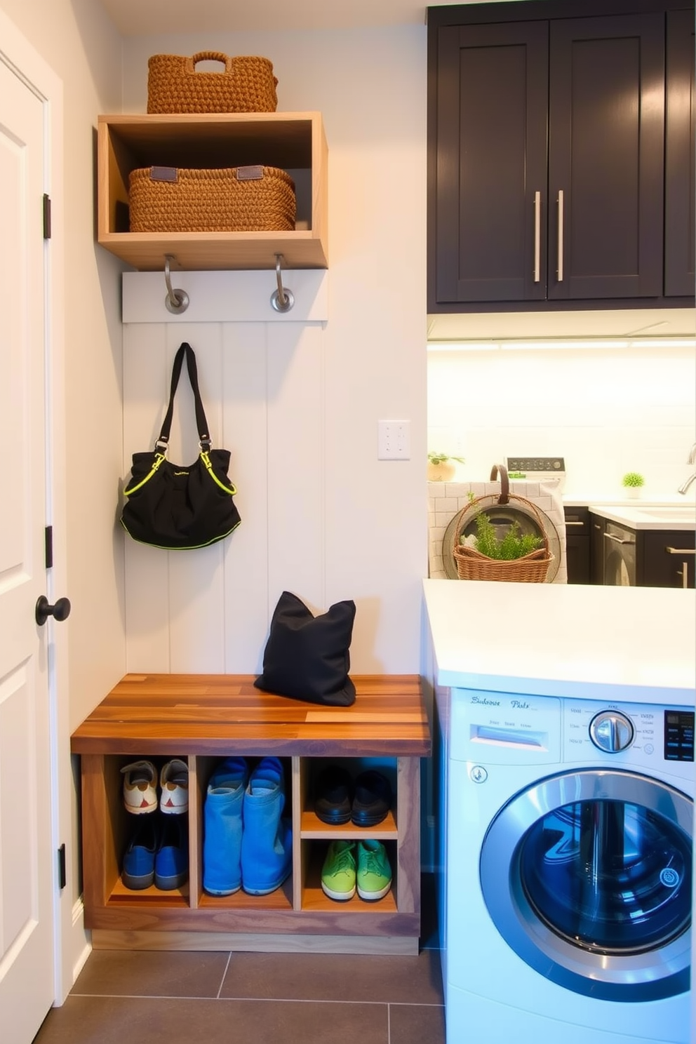 A modern mudroom featuring multi-functional furniture that combines seating and storage. A built-in bench with cubbies underneath provides ample space for shoes and bags, while hooks above keep coats organized. Adjacent to the laundry area, a stylish cabinetry unit includes a countertop for folding clothes. The design incorporates a washer and dryer stacked vertically, maximizing floor space while maintaining a sleek aesthetic.