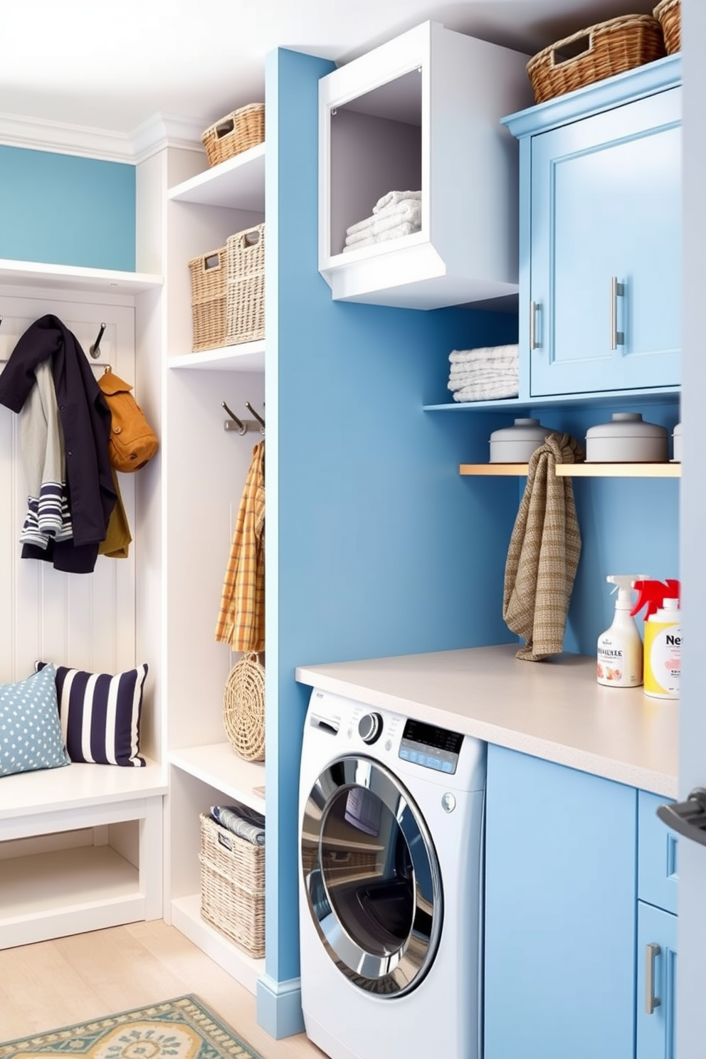 A functional laundry room featuring a built-in laundry chute for convenience. The space includes a mudroom area with hooks for coats and a bench for seating, complemented by stylish storage solutions. The laundry room is designed with ample counter space for folding clothes and a washer and dryer set neatly tucked away. Bright, cheerful colors adorn the walls, and decorative baskets are used for organizing laundry supplies.