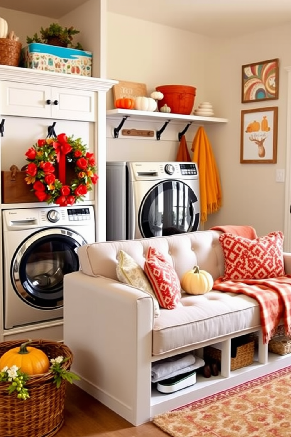 Seasonal decor to refresh space. Incorporate warm autumn colors with decorative pumpkins and cozy throws on a neutral sofa, while adding a festive wreath on the front door. Mudroom Laundry Room Design Ideas. Create a functional space with built-in storage benches and hooks for coats, complemented by a stylish washer and dryer set, surrounded by cheerful wall art and bright accents.