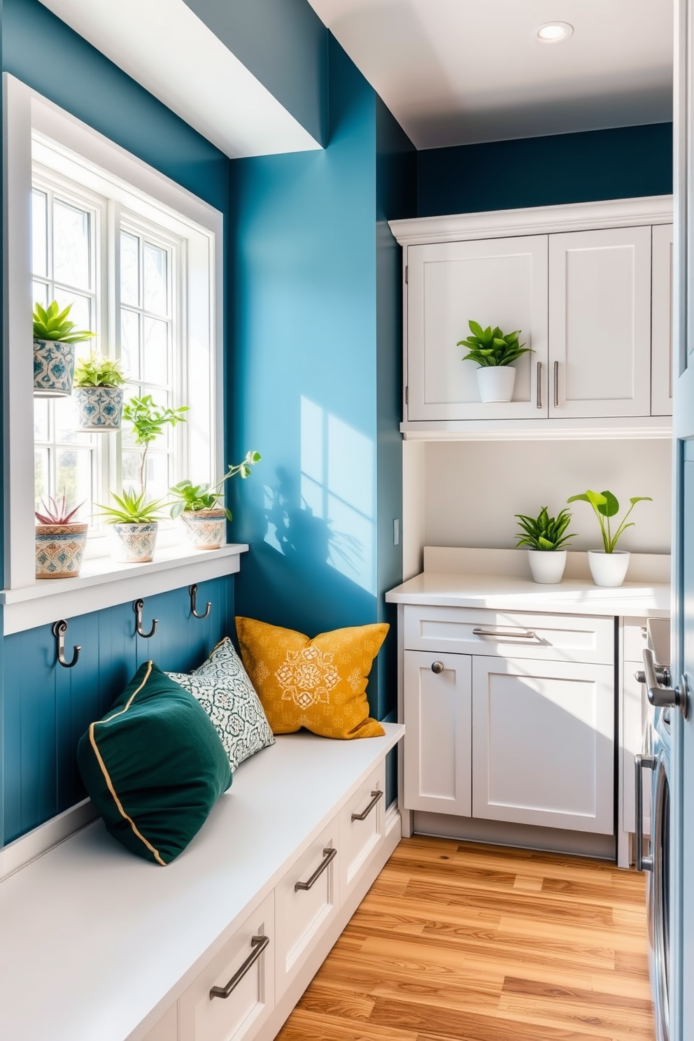 A bright and airy mudroom features a built-in bench with soft cushions and hooks for hanging coats. Potted plants in decorative pots are placed on the window sill, adding a fresh touch to the space. The laundry room is designed with sleek cabinetry and a spacious countertop for folding clothes. Potted plants are positioned on the shelves, bringing a lively and vibrant atmosphere to the room.