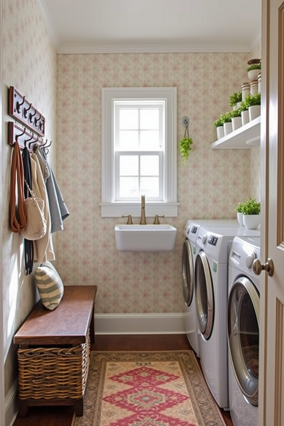 A cozy mudroom featuring vintage accents that evoke a charming vibe. The space includes a rustic wooden bench with a woven basket underneath and a wall-mounted coat rack adorned with antique hooks. Natural light floods the room through a small window, highlighting the patterned wallpaper in soft pastel colors. A vintage rug lies on the floor, adding warmth and character to the space while providing a welcoming atmosphere. The laundry room boasts a classic farmhouse sink with a vintage-style faucet. Above the sink, open shelving displays neatly arranged jars and plants, creating a functional yet aesthetically pleasing design.