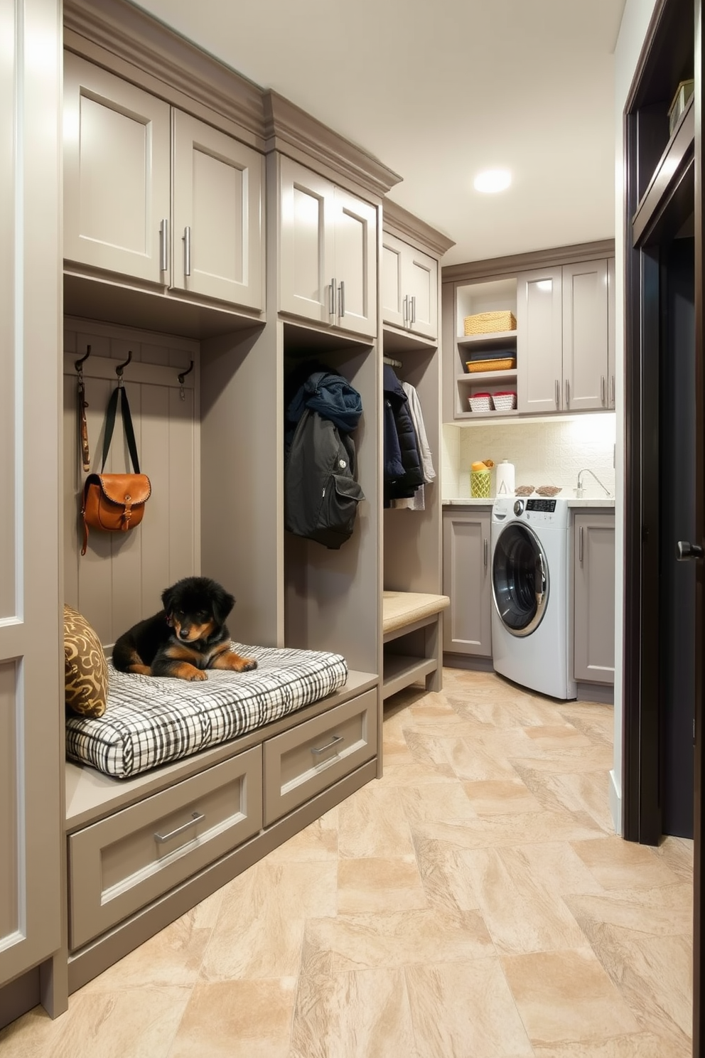 A cozy built-in pet area designed for furry friends features a comfortable bed nestled into a custom cabinetry unit. The space includes storage for pet supplies and a stylish feeding station, ensuring functionality meets aesthetics. The mudroom is designed with practicality in mind, featuring built-in benches and hooks for coats and bags. A durable floor with a patterned tile adds visual interest while being easy to clean. The laundry room showcases a modern design with sleek cabinetry and a spacious countertop for folding clothes. Bright lighting and organized storage solutions create a welcoming and efficient space for laundry tasks.