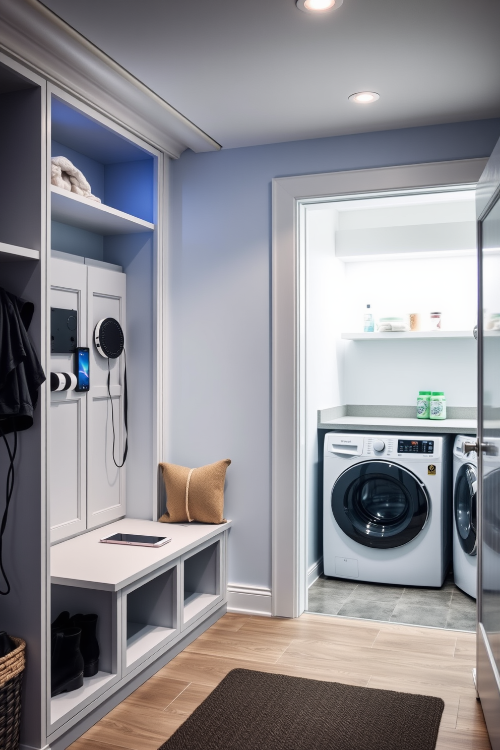 A modern mudroom laundry room features sleek countertops designed for folding and sorting laundry. The space is organized with built-in cabinets and open shelving, providing ample storage for laundry essentials and outdoor gear.