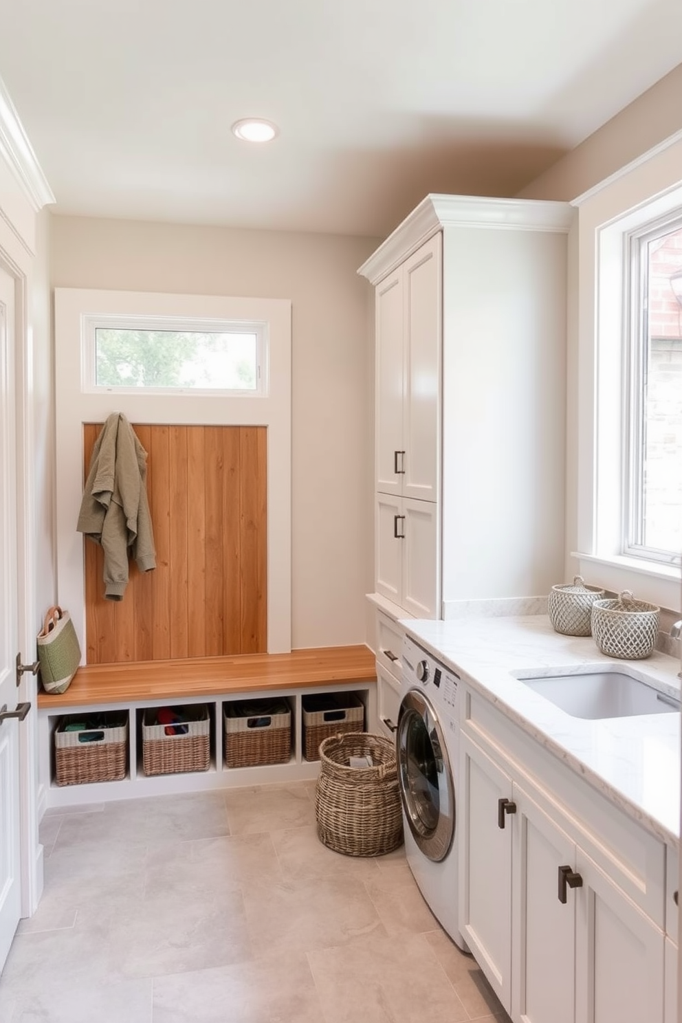 A serene mudroom featuring a neutral palette with soft beige walls and a light gray tile floor. Built-in wooden benches with storage underneath provide a functional yet stylish element, while a large window allows natural light to flood the space. A dedicated laundry area with matching cabinetry in a soft white finish complements the overall design. The countertop is made of quartz, providing a durable workspace, and decorative baskets are neatly arranged for organization.