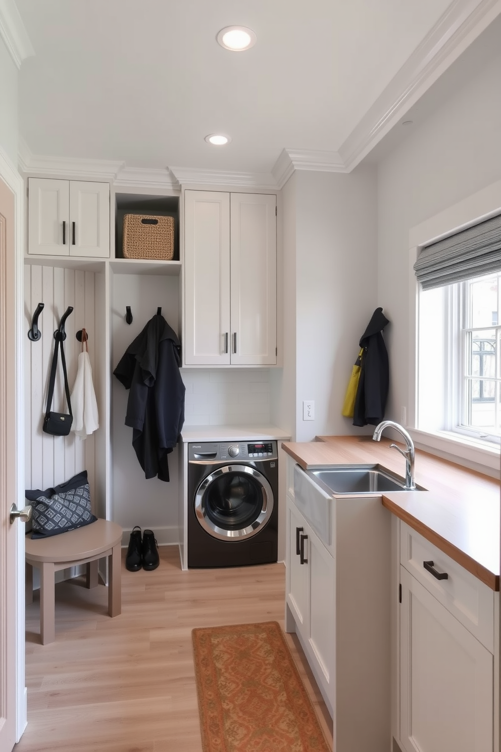 A modern laundry room featuring smart technology for enhanced efficiency. The space includes a sleek washer and dryer with integrated smart controls, surrounded by custom cabinetry for optimal organization. The room is designed with a functional mudroom area, complete with hooks for coats and a bench for convenience. Natural light floods in through a large window, illuminating the space and creating a welcoming atmosphere.