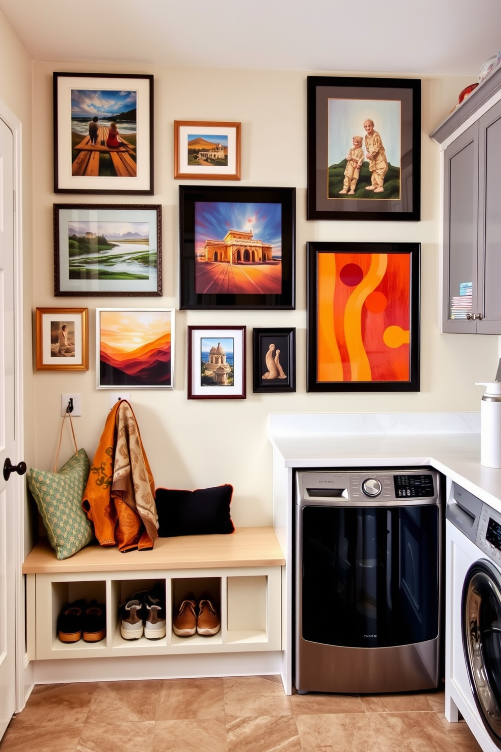 A curated artwork display that reflects personal flair. The arrangement features a mix of framed paintings and photographs in various sizes, showcasing vibrant colors against a neutral wall. A functional and stylish mudroom with built-in storage solutions. The space includes a bench with cubbies for shoes and hooks for coats, complemented by a durable tile floor for easy maintenance. A laundry room designed for efficiency and comfort. The layout includes a spacious countertop for folding clothes, along with organized cabinetry for supplies and a cheerful color palette to brighten the space.