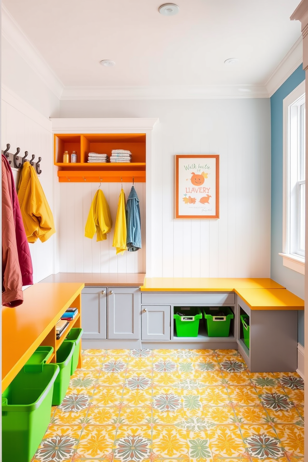 Bright accent colors energize the space, featuring a vibrant yellow bench against a backdrop of crisp white walls. The floor is adorned with colorful patterned tiles that add a playful touch, while bright green storage bins are neatly arranged for functionality. The mudroom is designed with a spacious layout, incorporating hooks for coats and shelves for shoes. A cheerful blue accent wall complements the overall design, creating a welcoming entry point to the home. Incorporating a laundry room with bright accents enhances the overall energy of the space. A bold red washer and dryer set against soft gray cabinetry creates a striking focal point in the room. The laundry room features open shelving painted in a lively orange, showcasing neatly folded towels and laundry supplies. A large window allows natural light to flood the area, making it both functional and inviting.