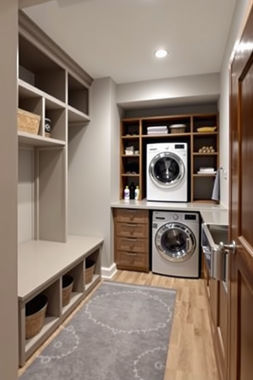 A functional mudroom drop zone area features built-in benches with storage cubbies above and below. The walls are painted a soft gray, and a large area rug adds warmth to the space. The laundry room design includes stacked washer and dryer units with a countertop for folding clothes. Open shelving above provides easy access to laundry supplies, while a deep sink is situated beside the appliances for convenience.